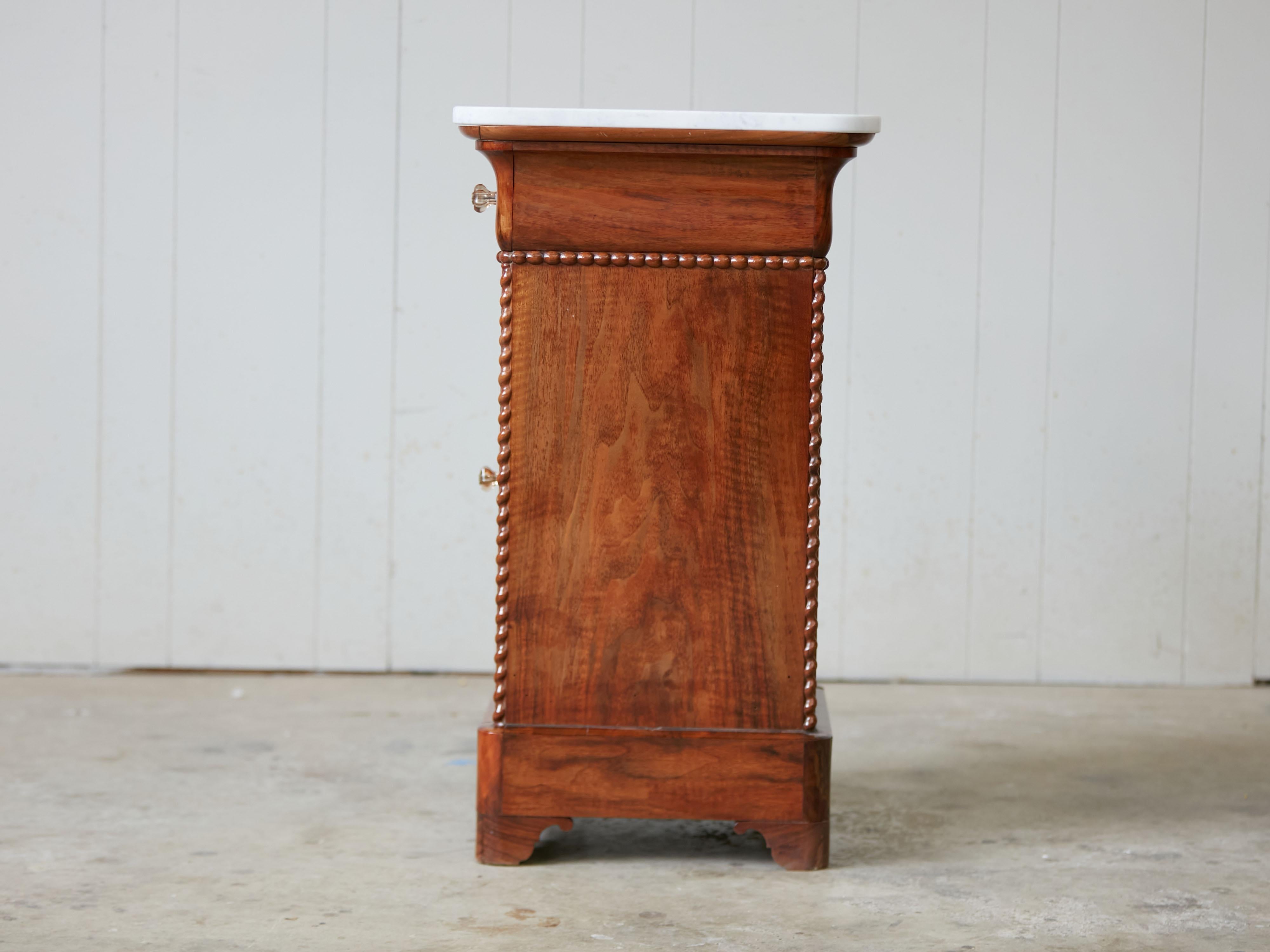 20th Century French Small Walnut Cabinet with White Marble Top and Single Drawer over Door