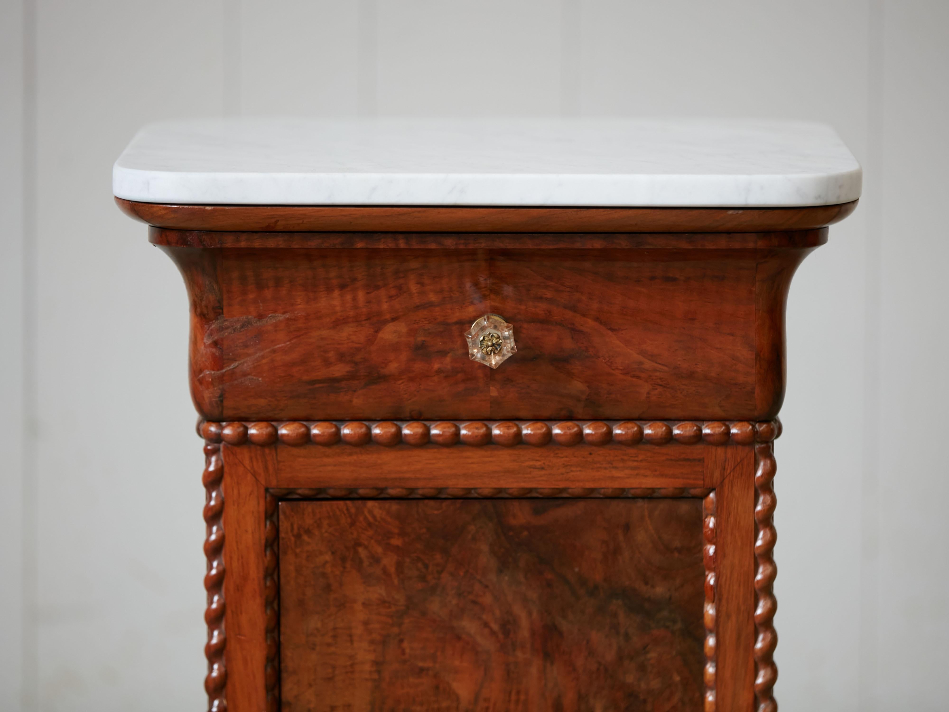 French Small Walnut Cabinet with White Marble Top and Single Drawer over Door 2