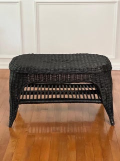 French Small Wicker Coffee Table in Black with Lower Rattan Shelf, c. 1970