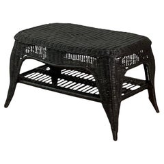 French Small Wicker Coffee Table in Black with Lower Rattan Shelf, c. 1970