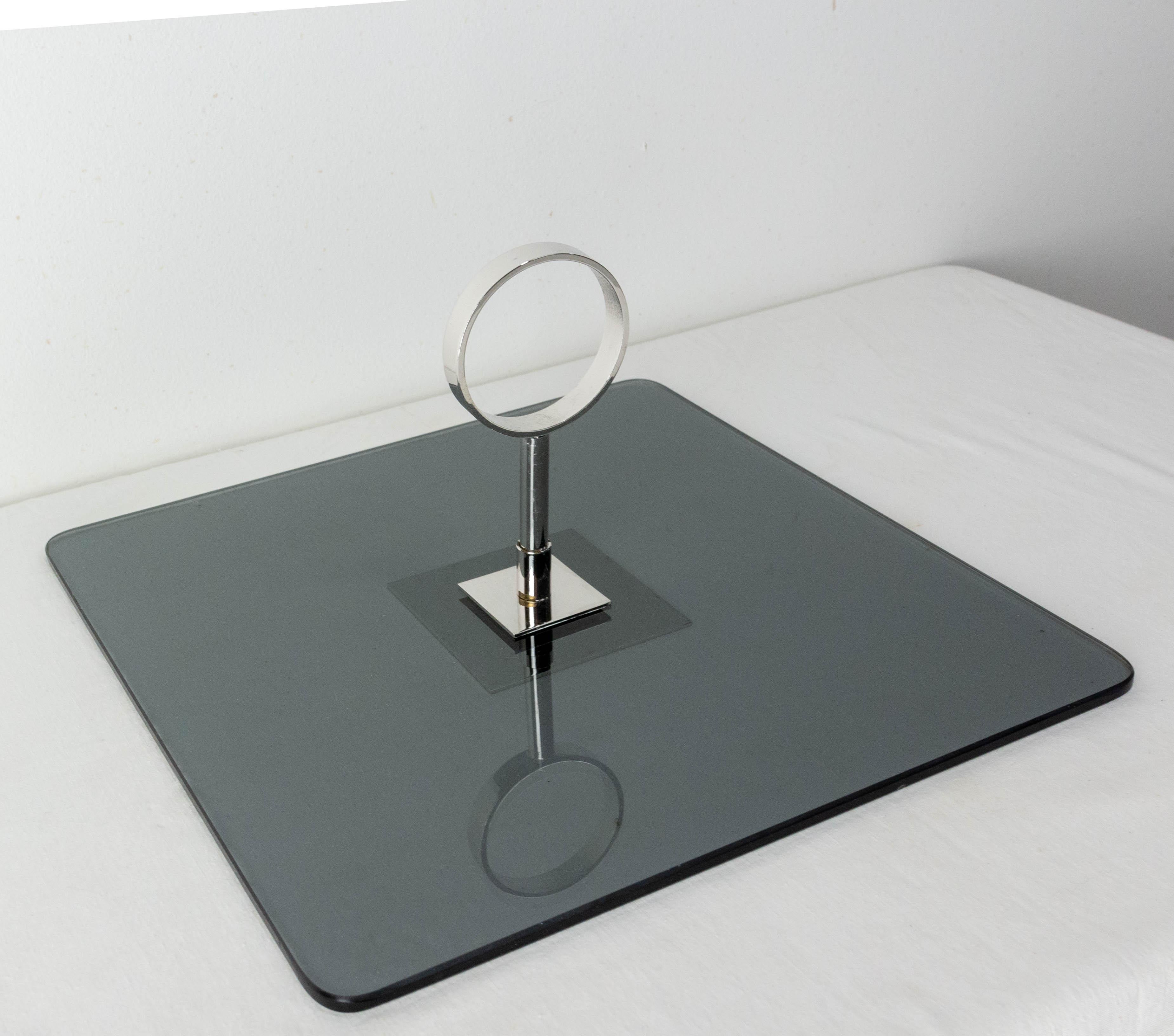 Mid-Century Modern French Smoked Glass and Chrome Cheese Square Board Midcentury
