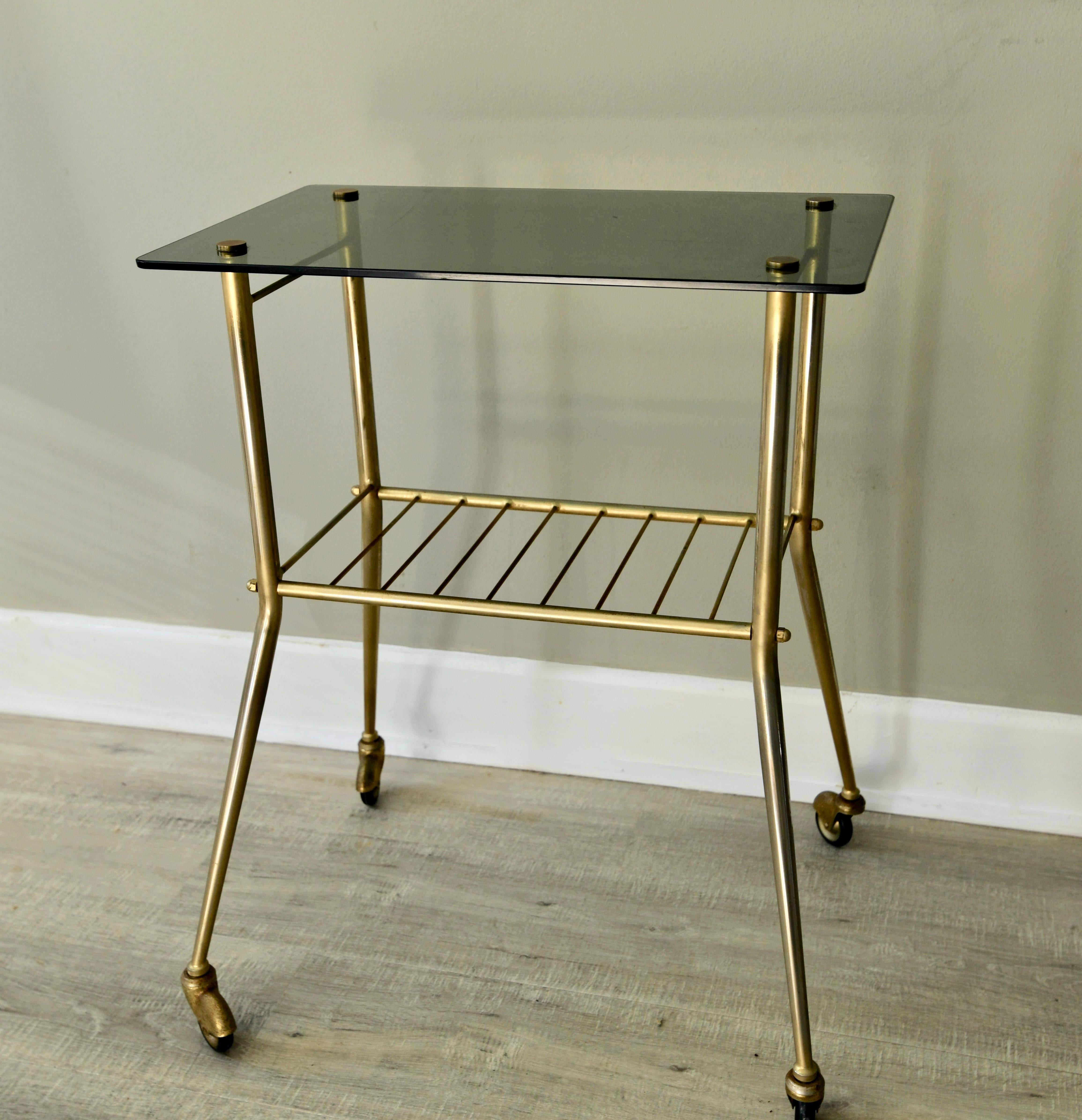 French Provincial French Smoked Glass Brass Drinks Trolley Midcentury, 1950s For Sale