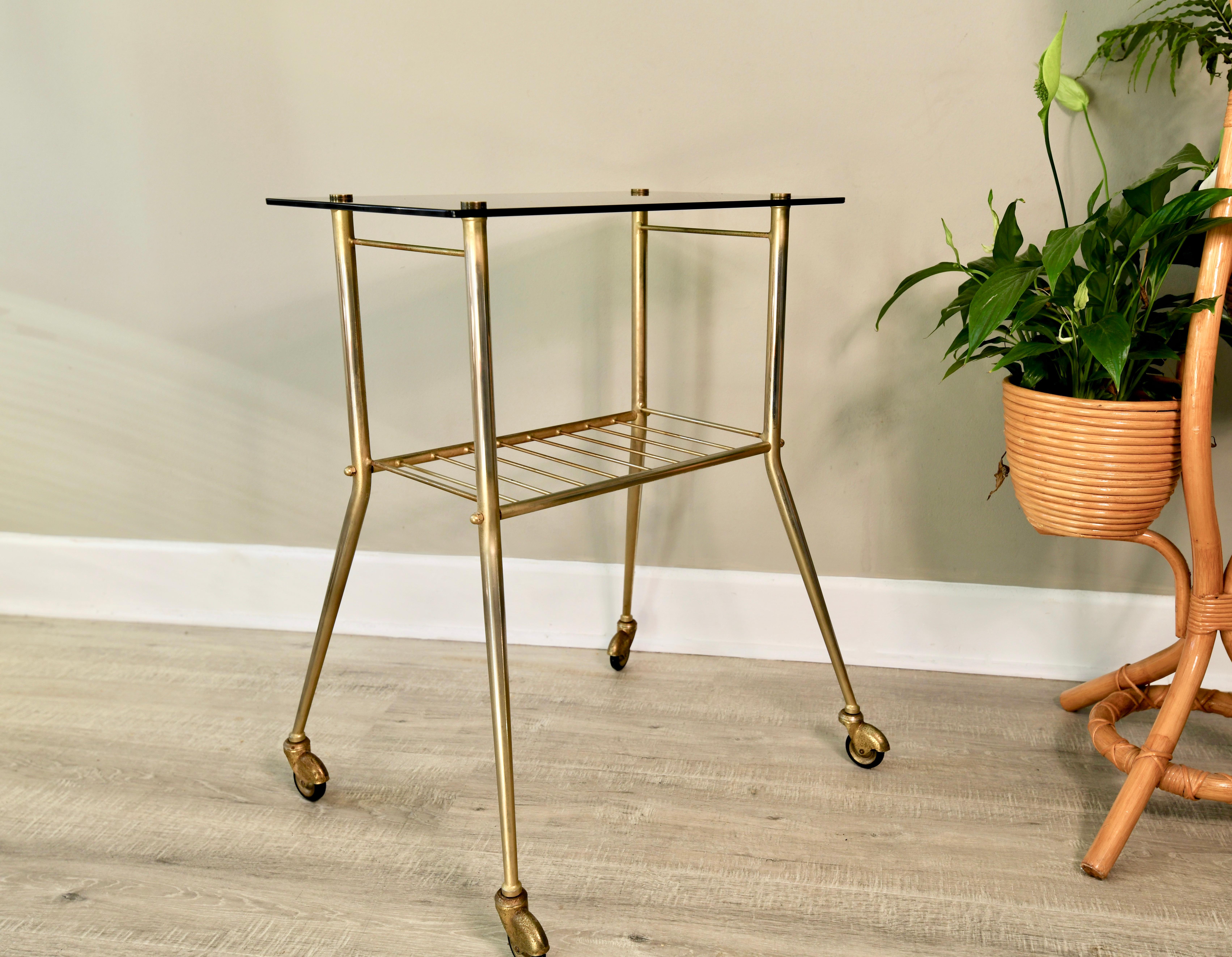 Unknown French Smoked Glass Brass Drinks Trolley Midcentury, 1950s For Sale