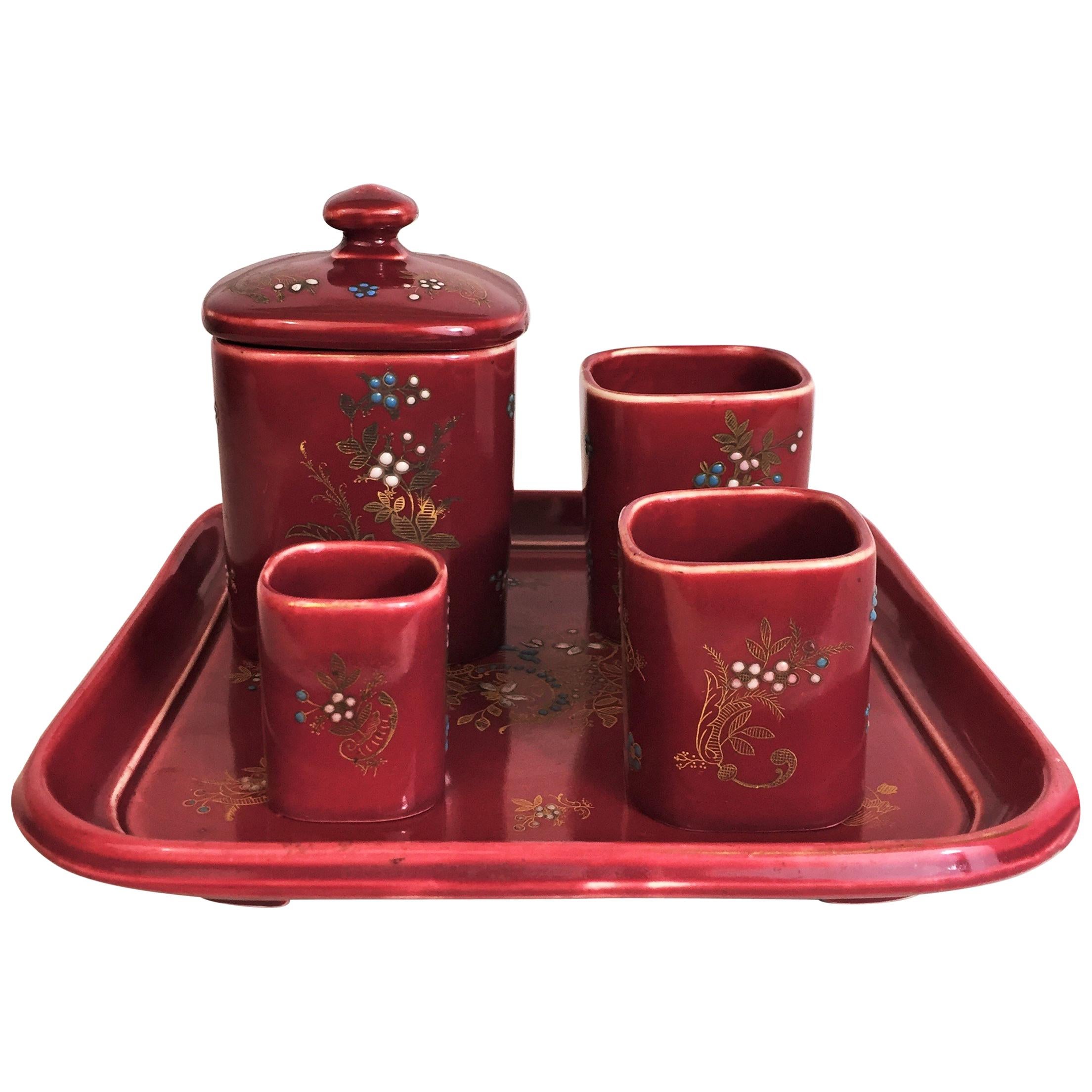 French Smoker Set in Red Glazed Earthenware 19th Napoleon III, De Bruyn Fives