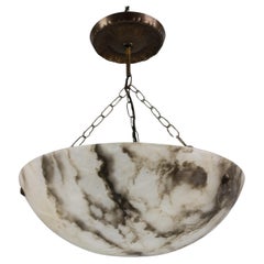 Antique French Smoky White Alabaster Pendant Light with Dark Veins, ca. 1920s