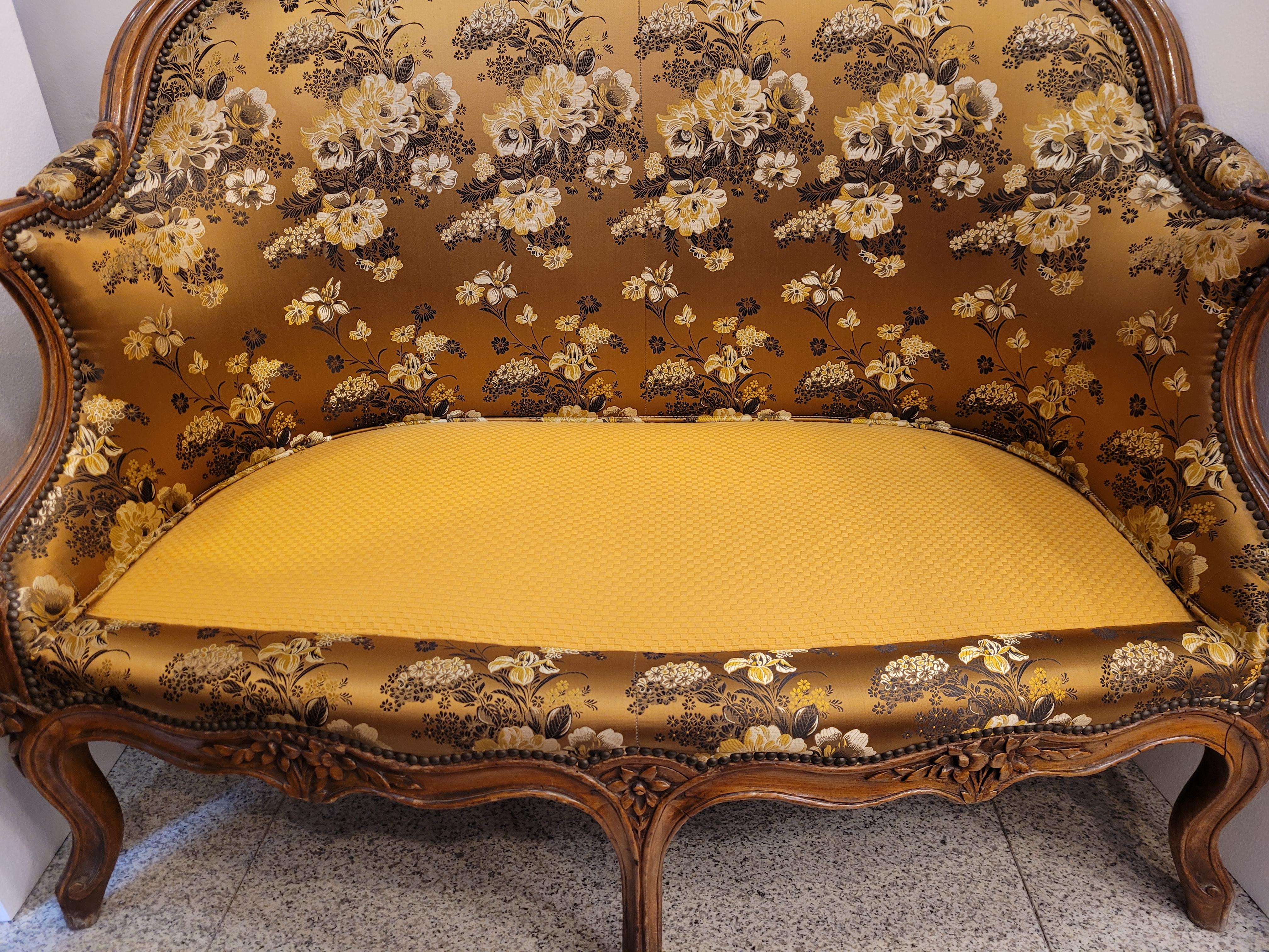 French Sofa -Canape Luis xv Gold Colour, Wood and Floral Silk 6