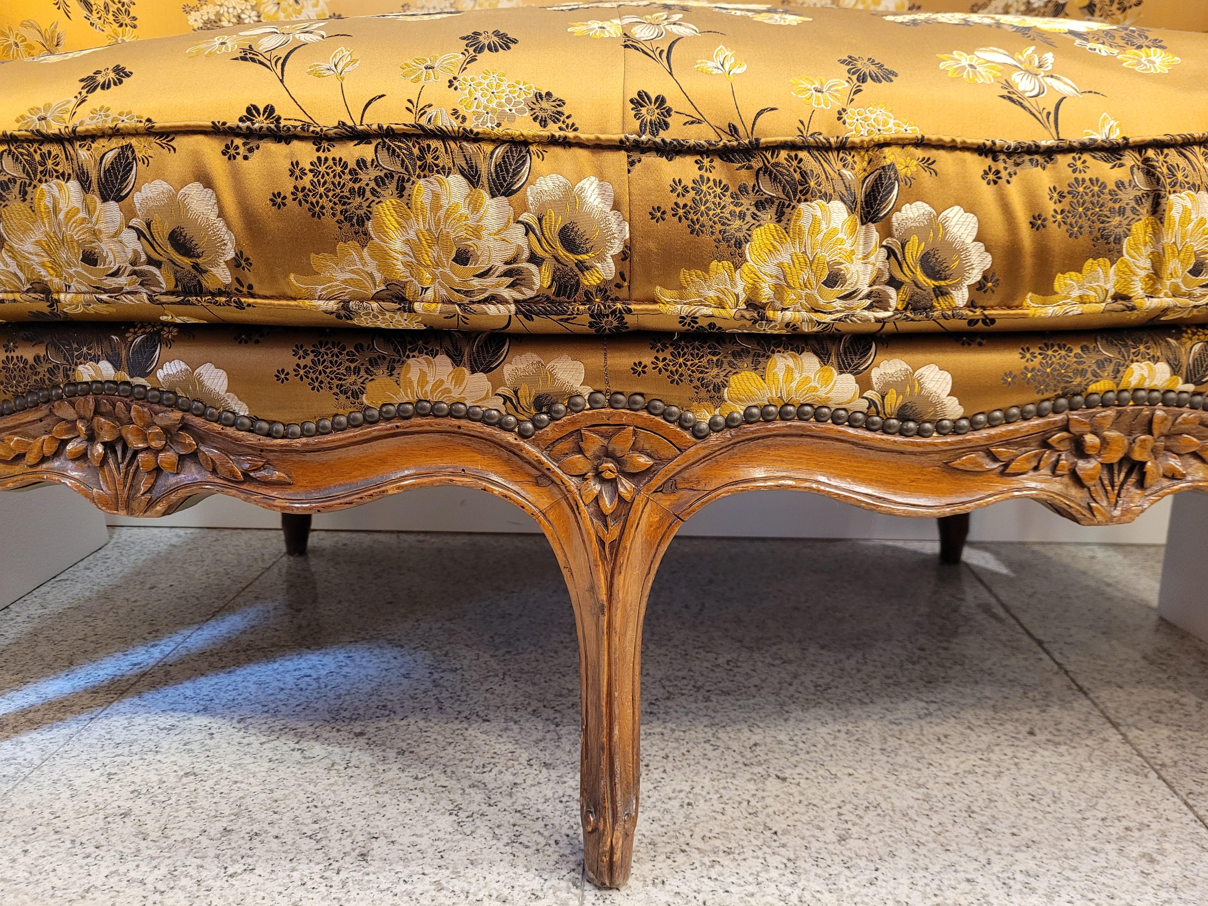 Louis XV French Sofa -Canape Luis xv Gold Colour, Wood and Floral Silk