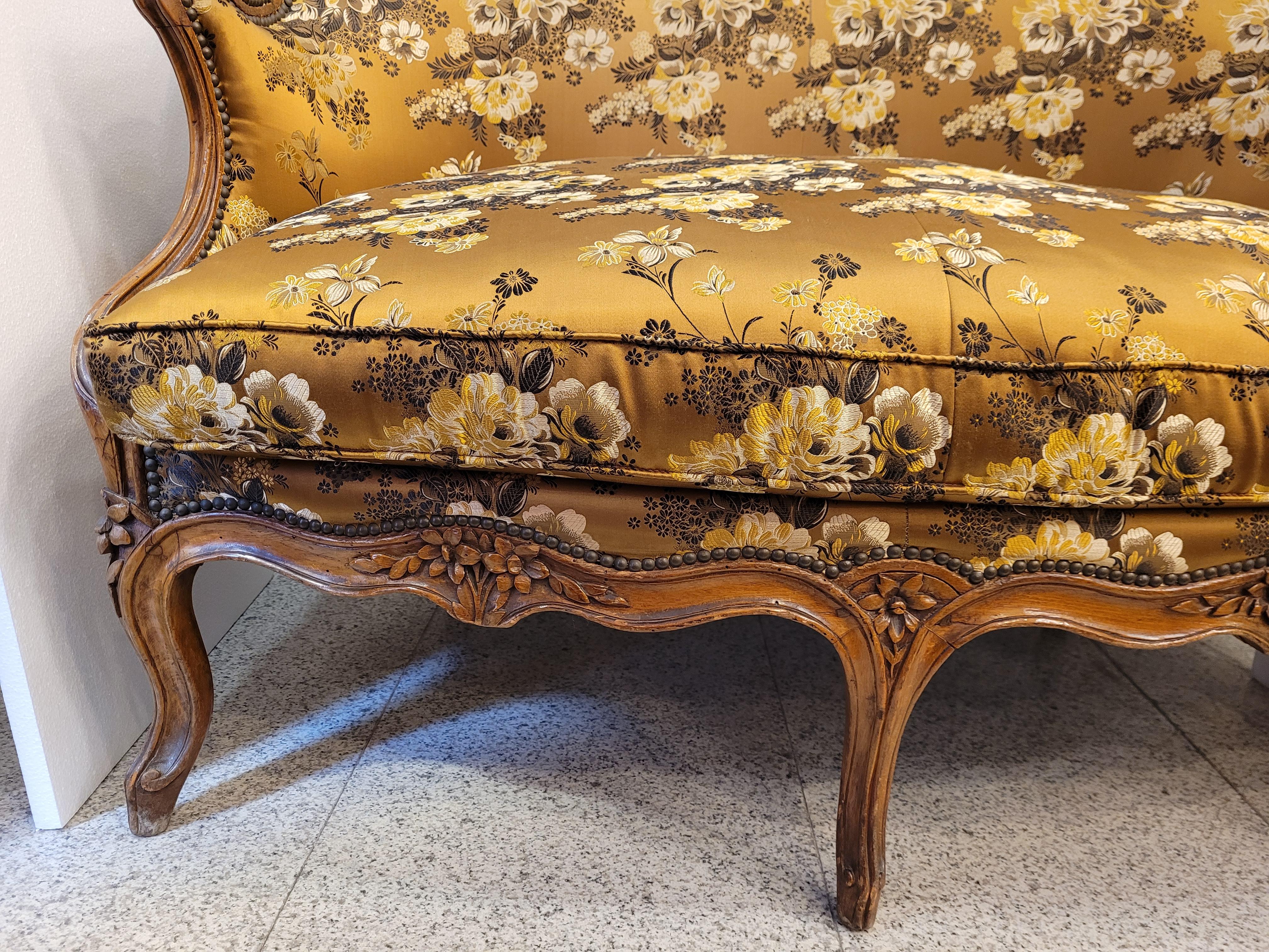 Hand-Crafted French Sofa -Canape Luis xv Gold Colour, Wood and Floral Silk