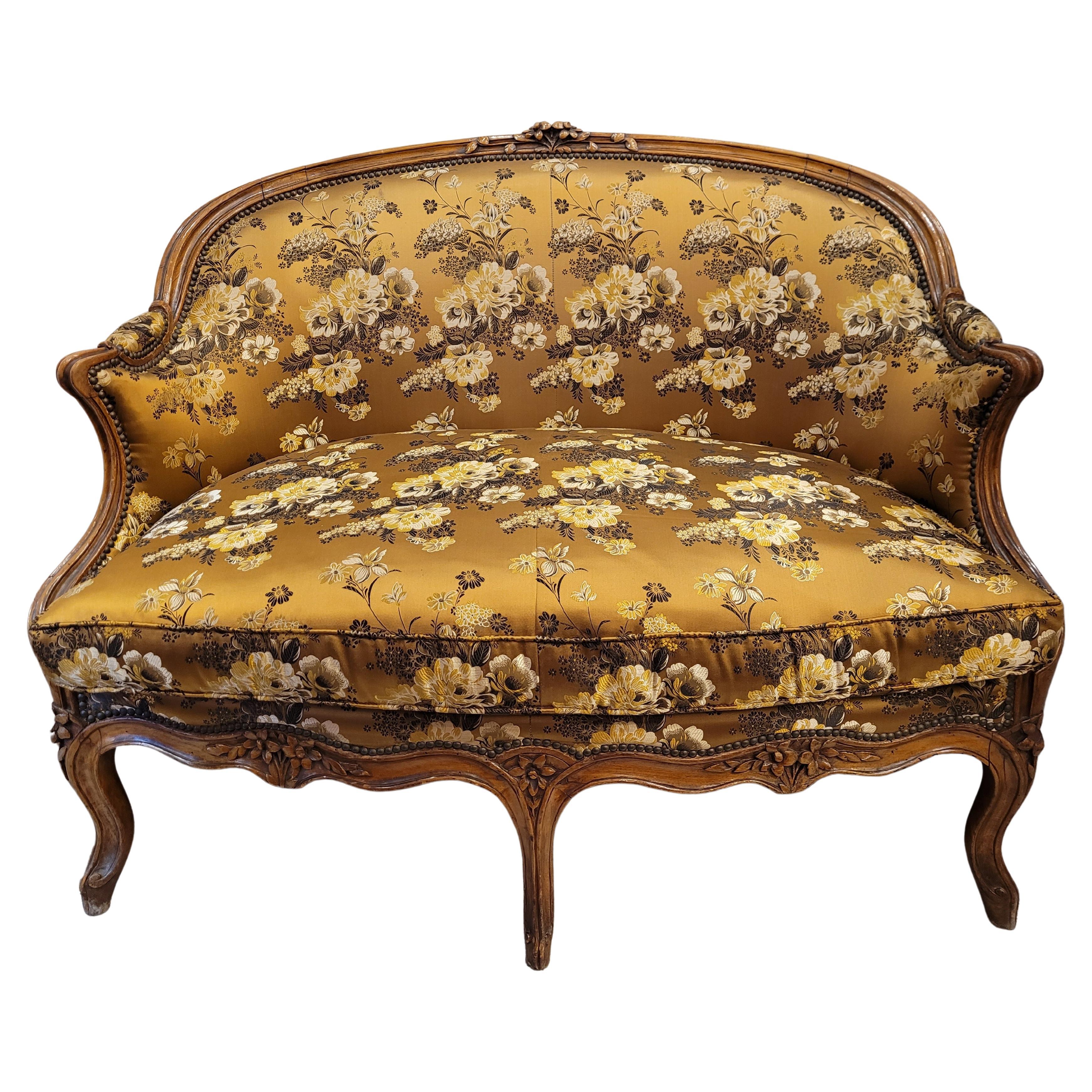 French Sofa -Canape Luis xv Gold Colour, Wood and Floral Silk
