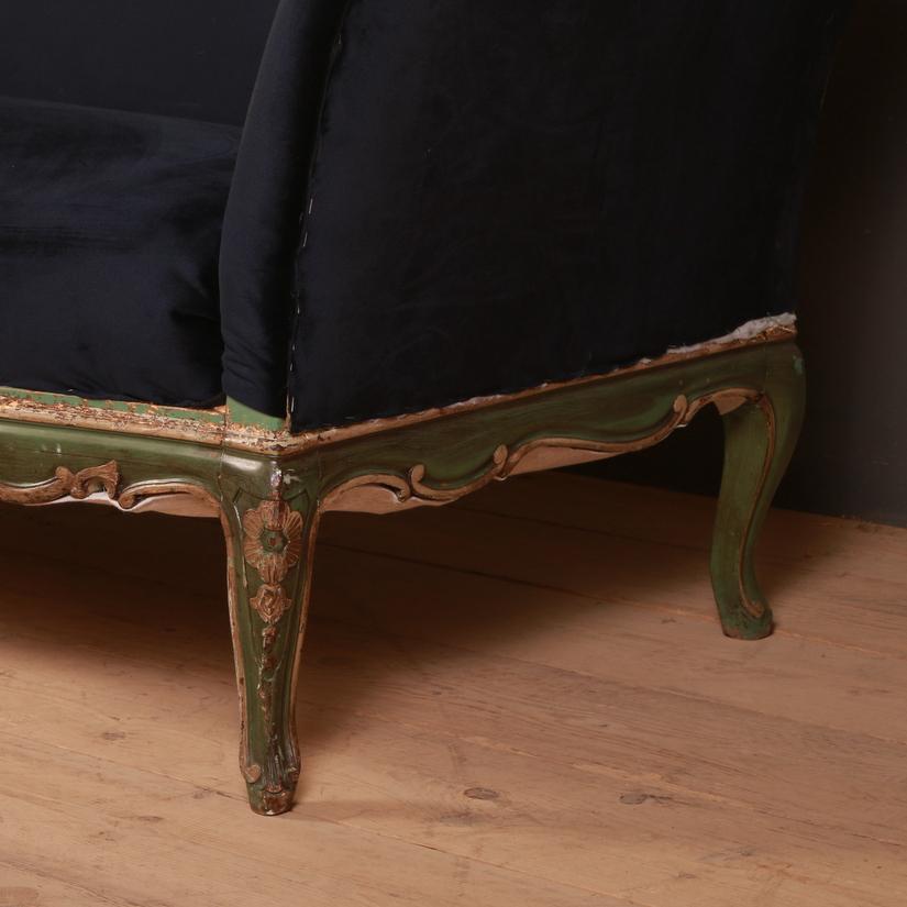 Pretty 19th century French carved and painted sofa upholstered in blue velvet, 1880
Seat height 18