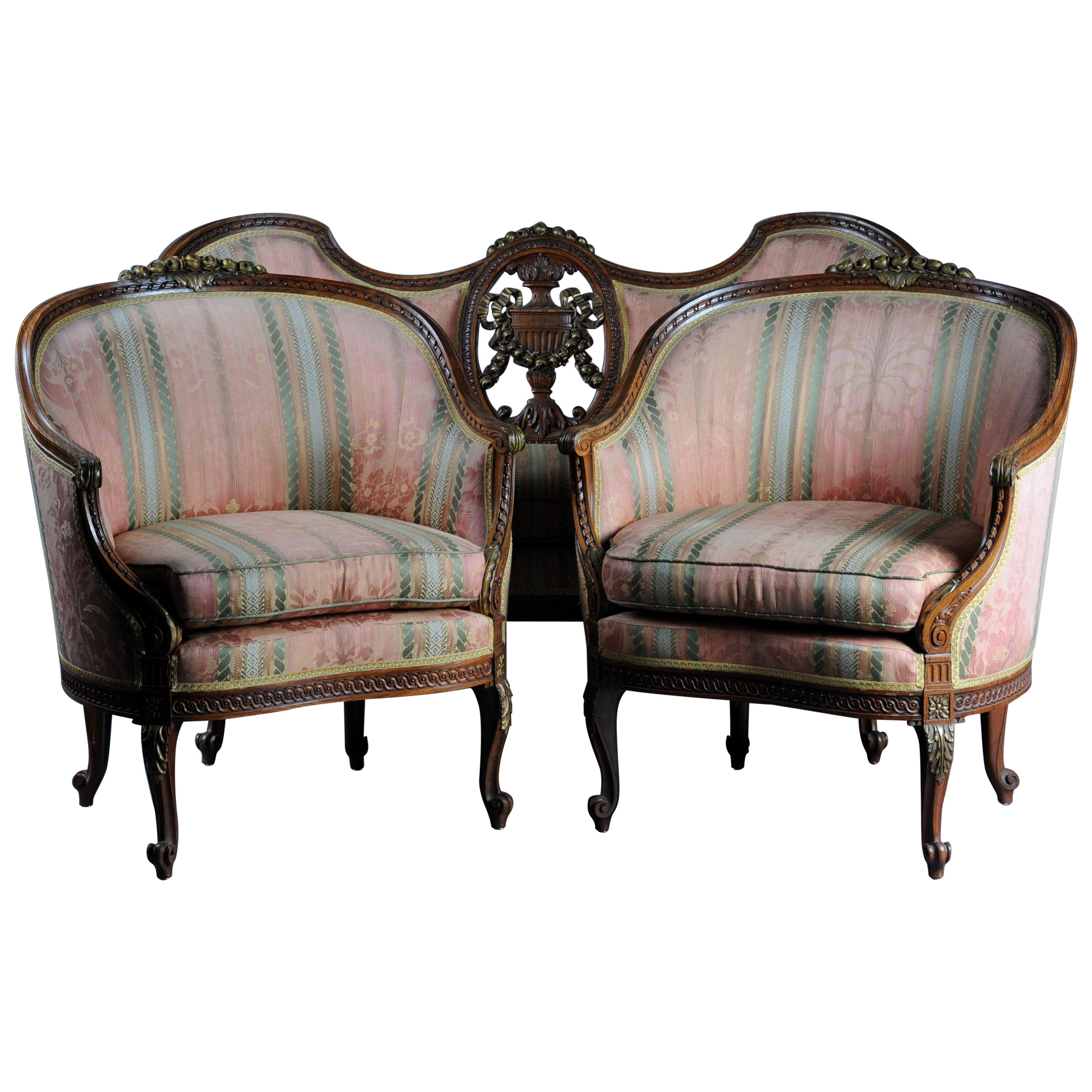 French Sofa Group Canape and 2 Bergeren, circa 1900, Beechwood