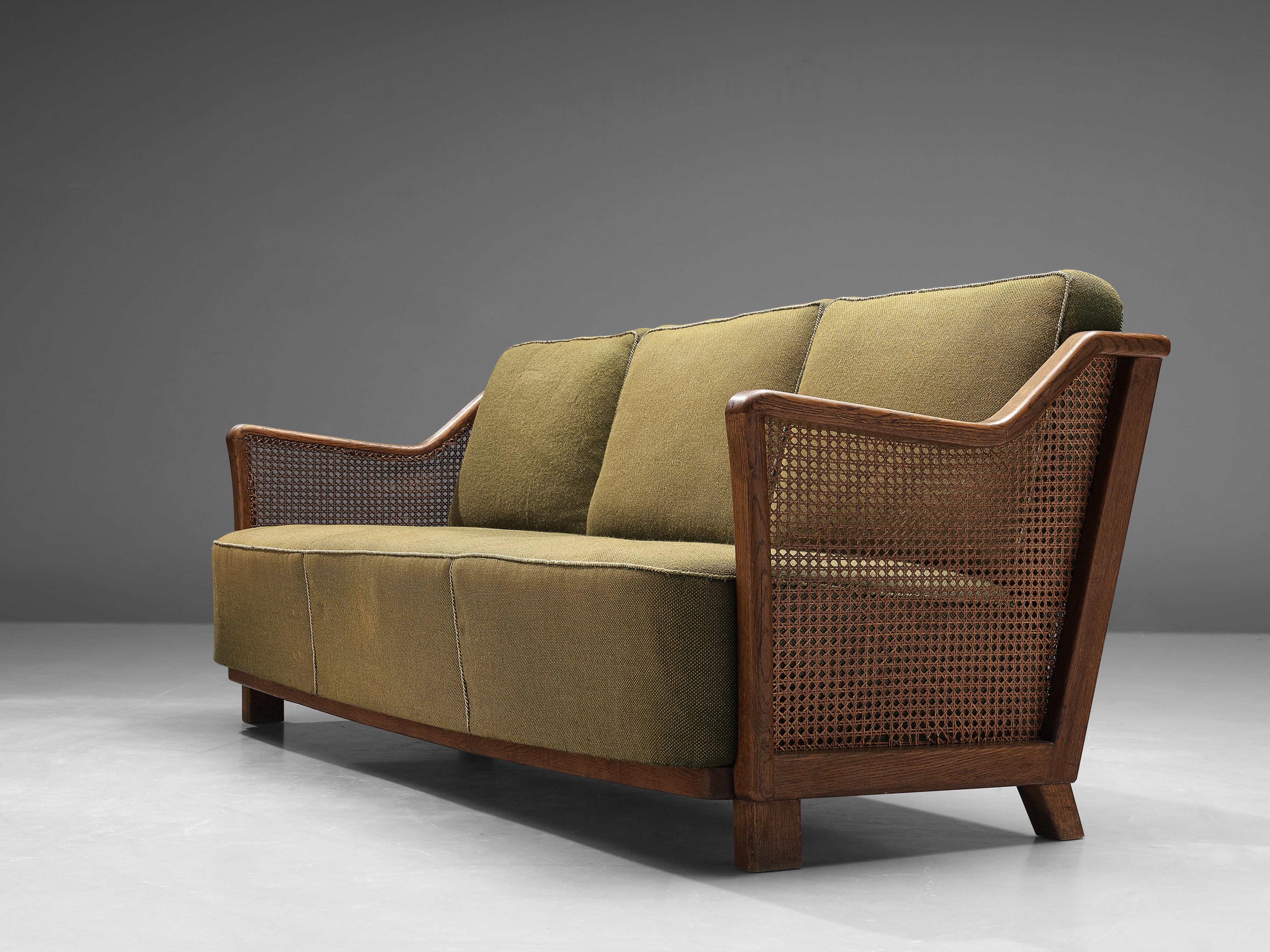 Mid-Century Modern French Sofa in Cane and Oak