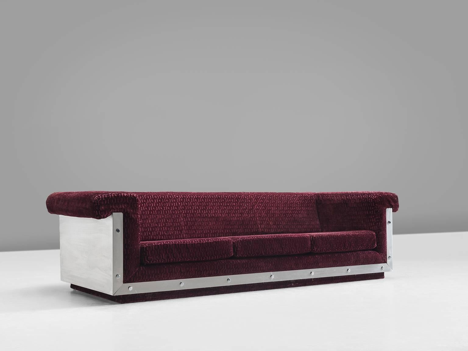 Mid-Century Modern French Sofa in Stainless Steel and Burgundy Velvet Upholstery