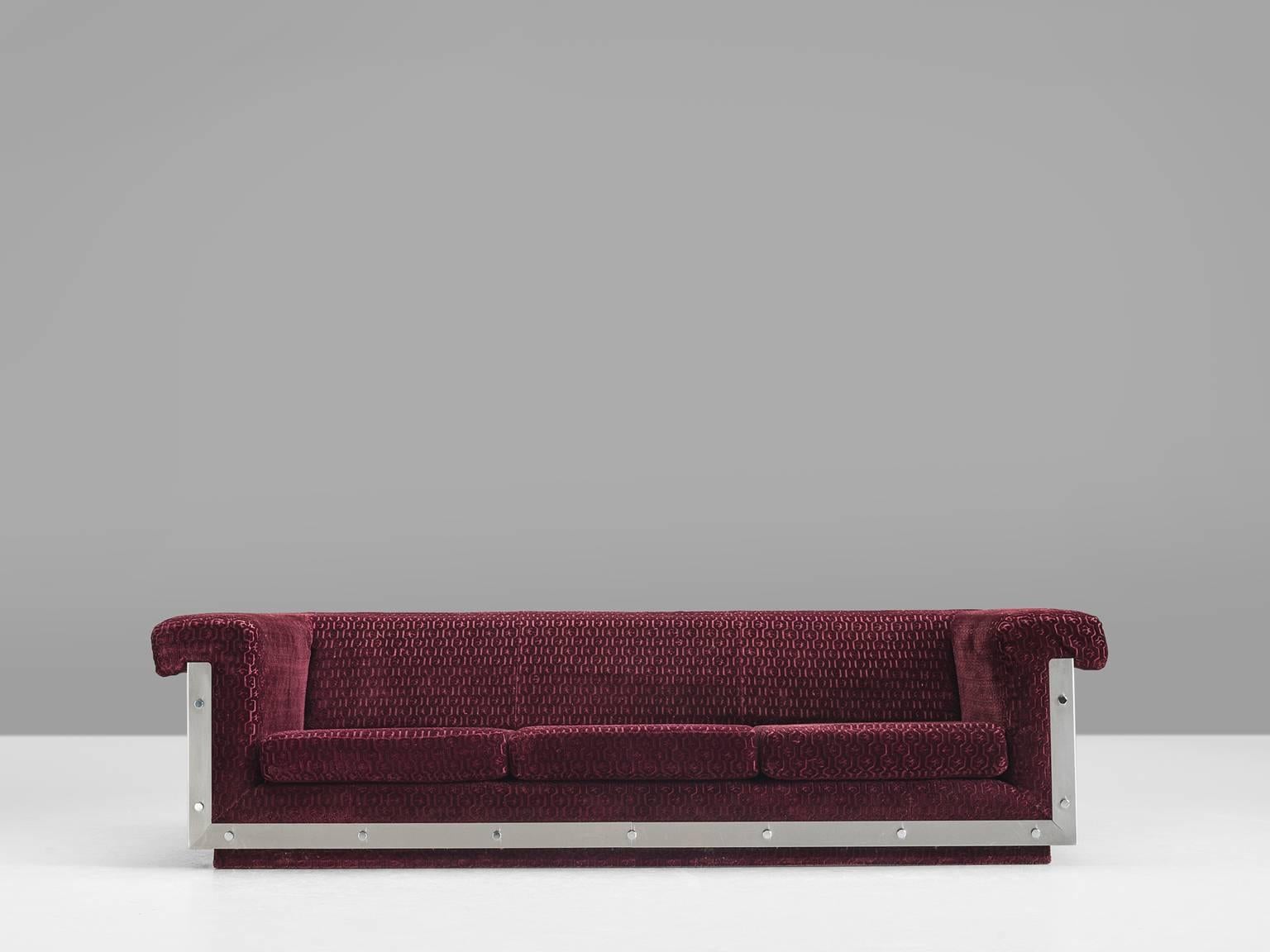 French Sofa in Stainless Steel and Burgundy Velvet Upholstery 1