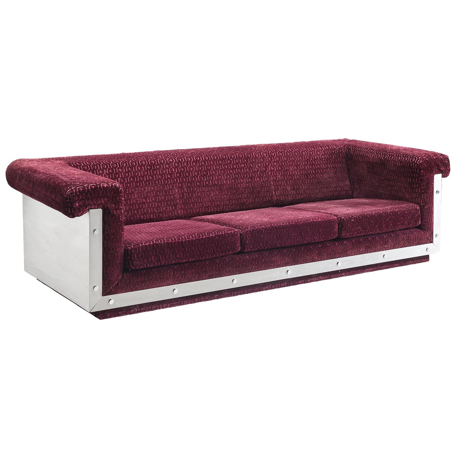 French Sofa in Stainless Steel and Burgundy Velvet Upholstery