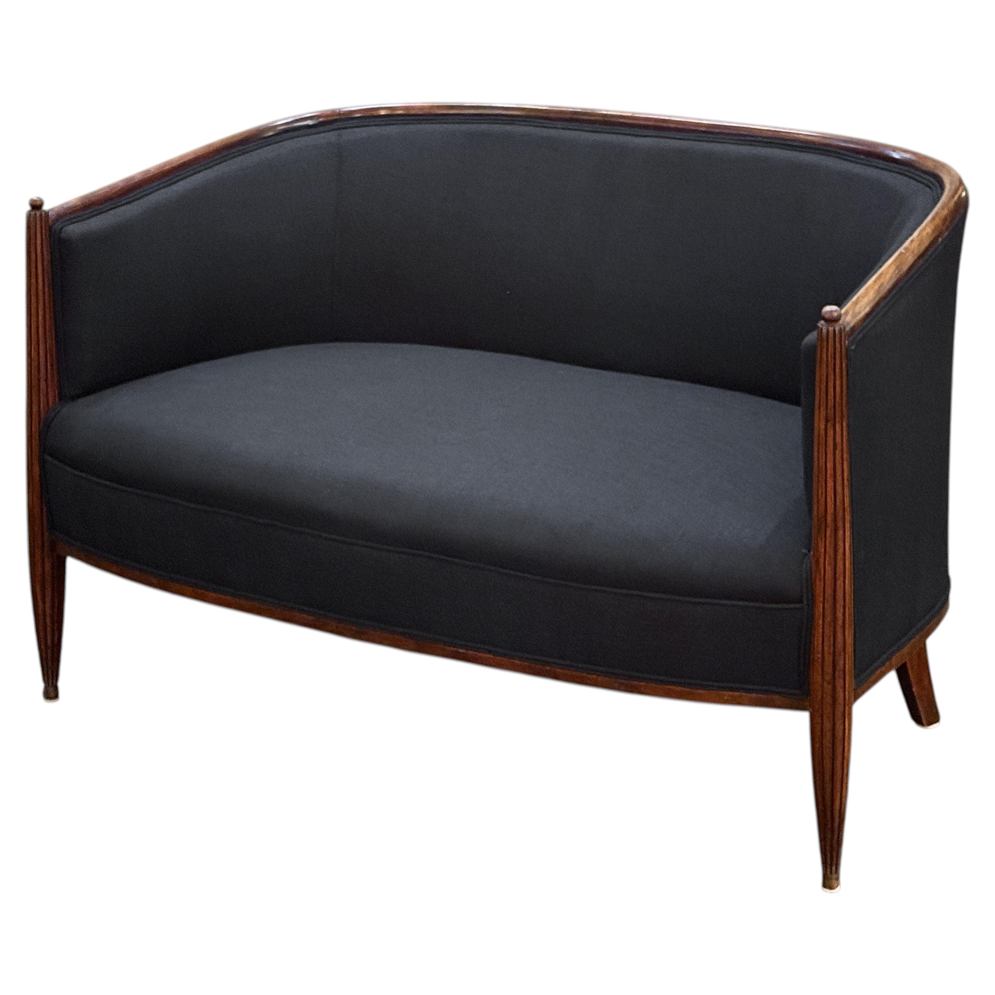 French Sofa or Settee in the Art Deco Style Upholstered in Black Linen
