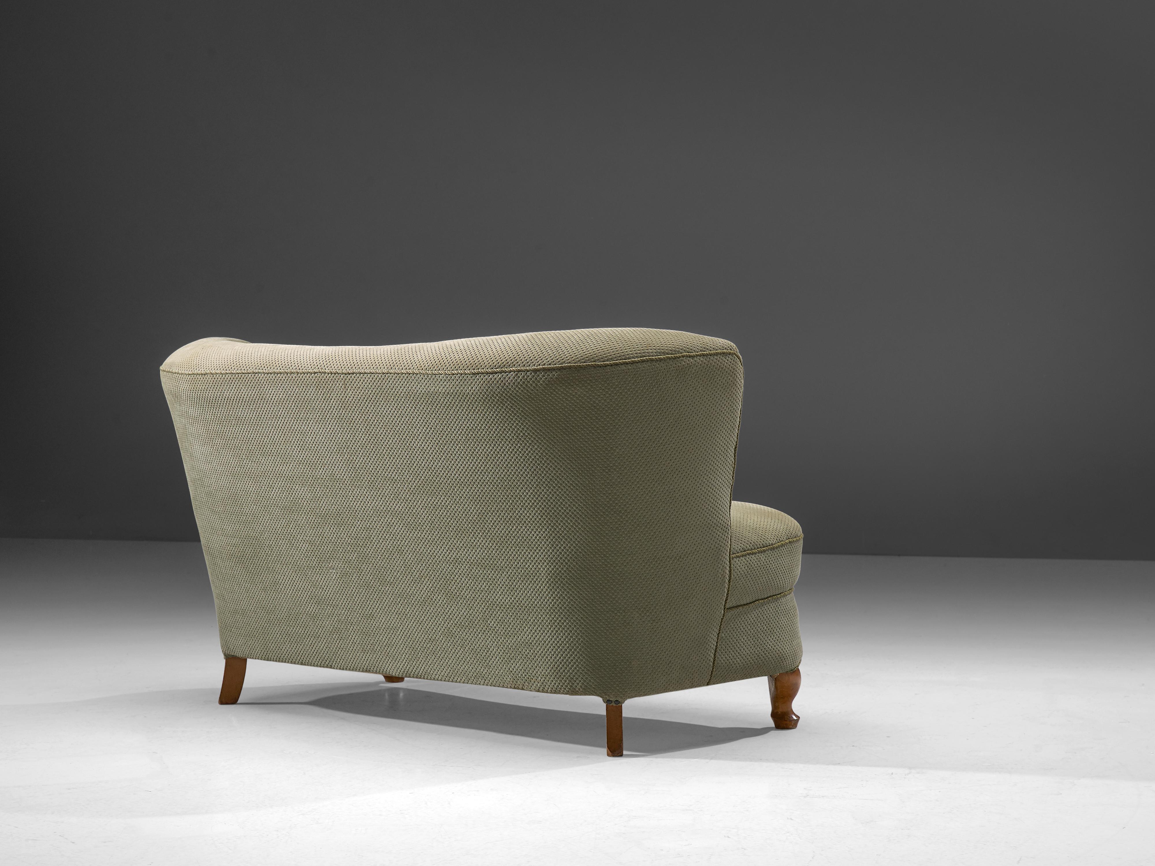 Fabric French Settee in Olive Green Upholstery 