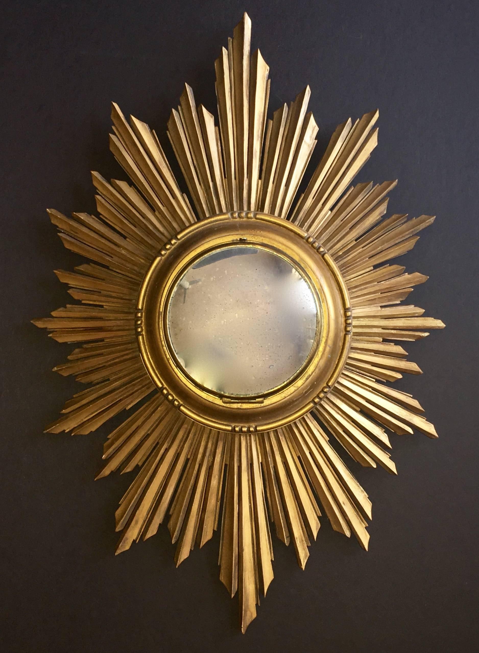 Mid-20th Century French Soleil Sunburst Giltwood Carved Wall Mirror