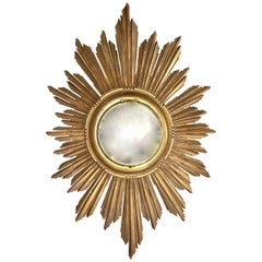 French Soleil Sunburst Giltwood Carved Wall Mirror