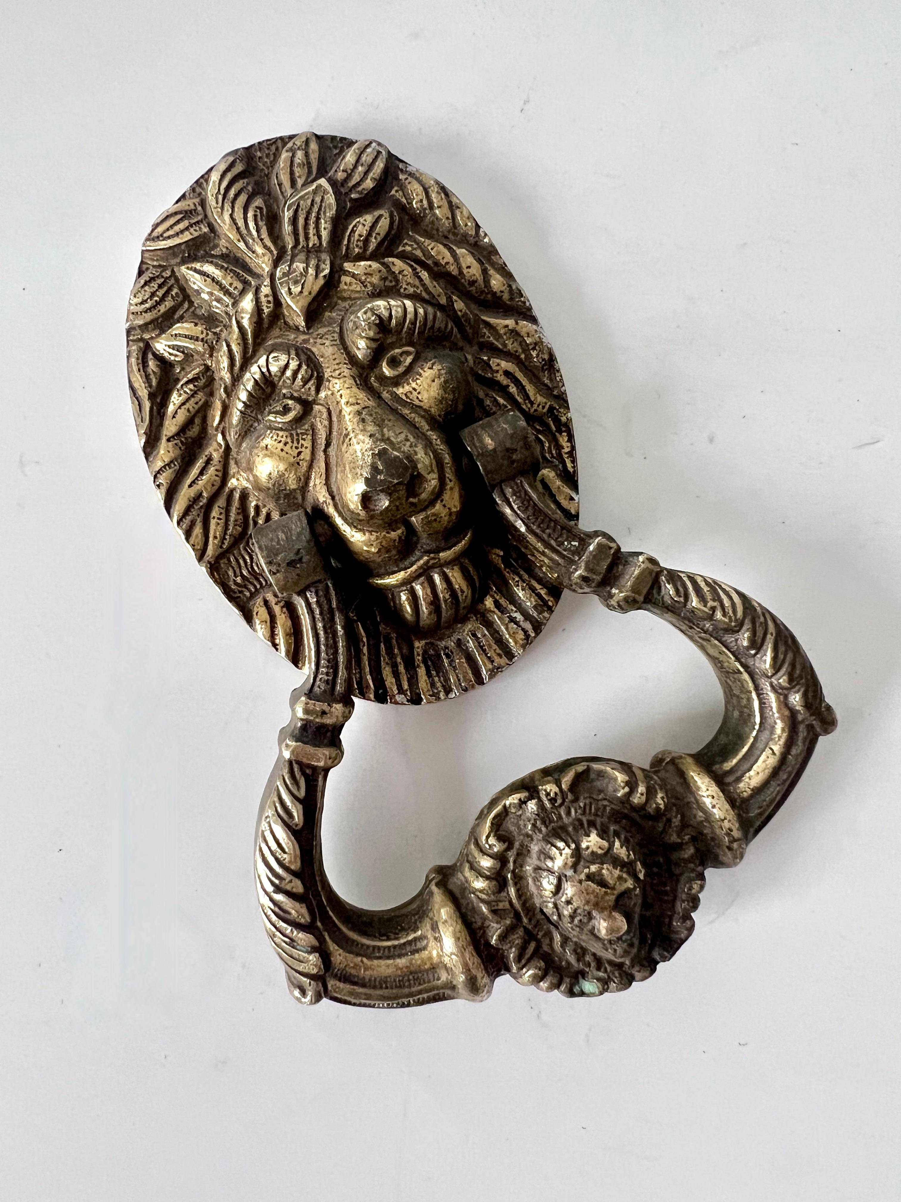 Patinated French Solid Brass Lion Door Knocker For Sale