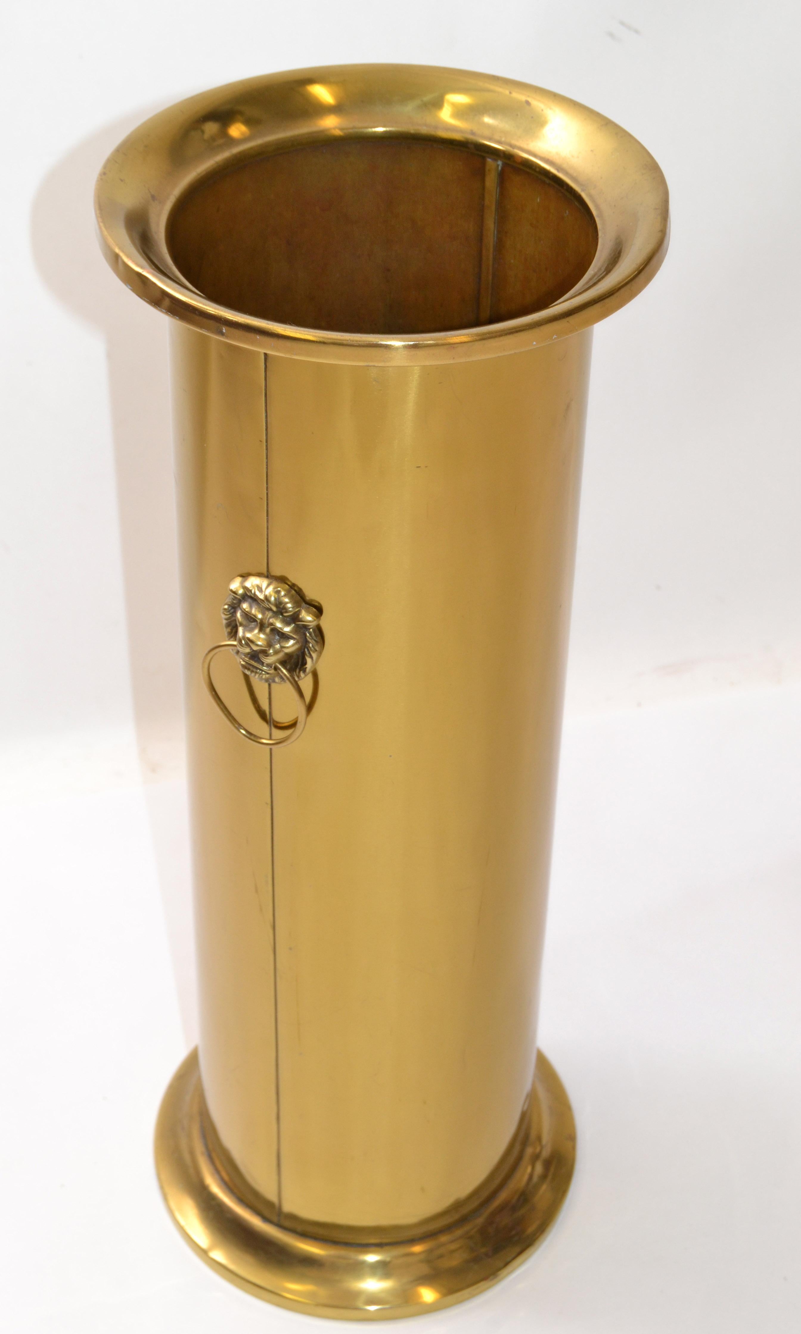Hand-Crafted French Solid Brass Umbrella Stand Lion Mouth Ring Pulls Louis XVI Style 1930