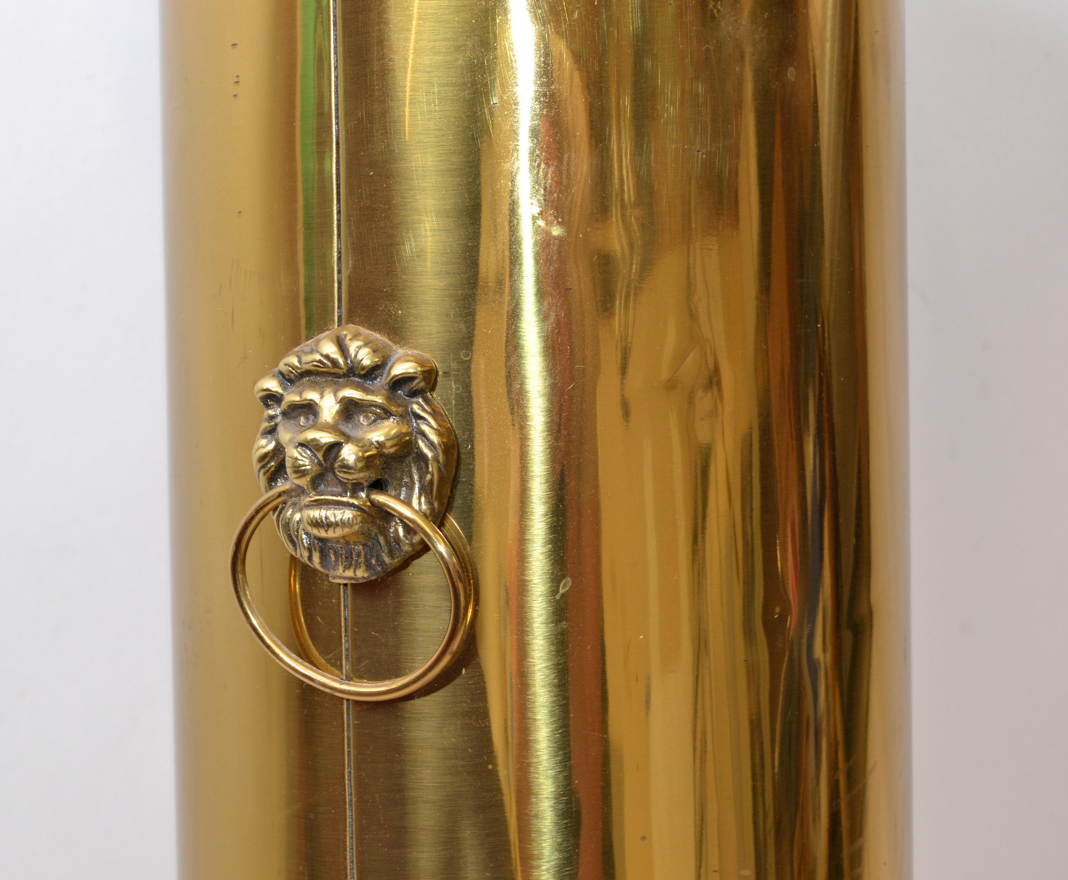 20th Century French Solid Brass Umbrella Stand Lion Mouth Ring Pulls Louis XVI Style 1930