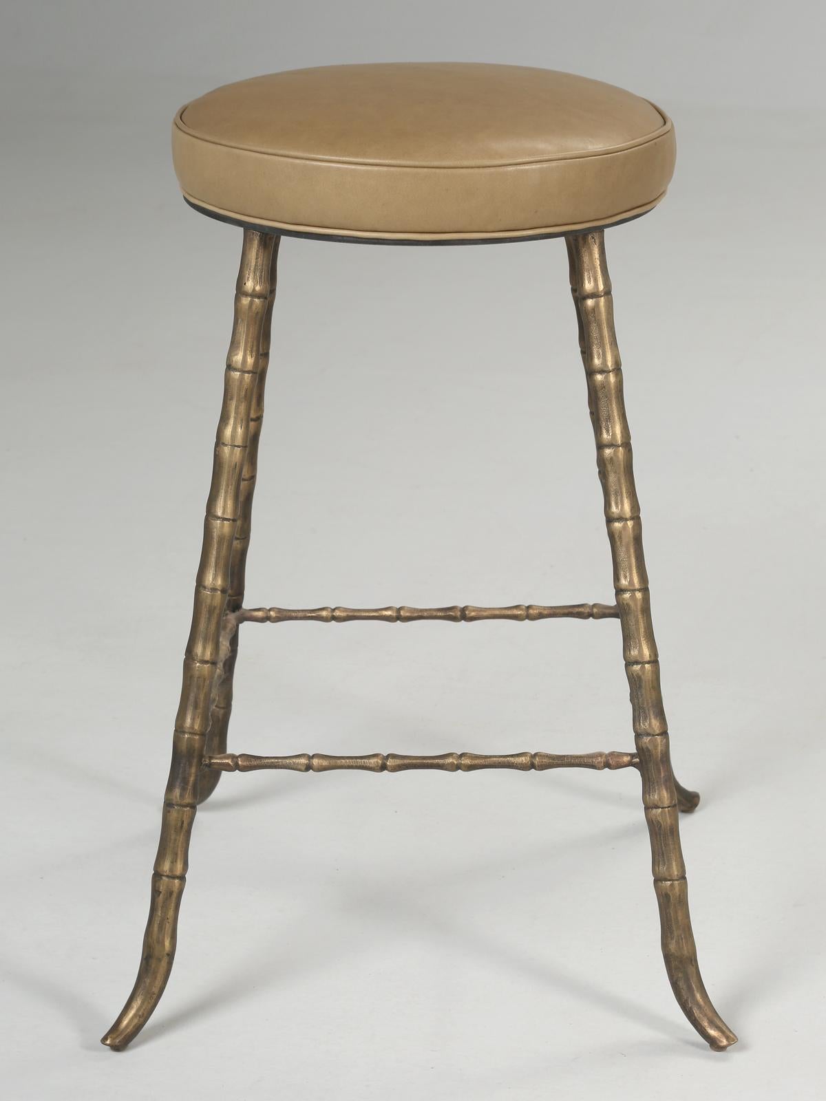 Elegant solid bronze faux bamboo counter stool inspired by Maison Jansen. Our mid-century modern kitchen counter stools are not only very comfortable, but are made here in our Chicago workshop. The stool shown in this 1stdibs listing is in stock and
