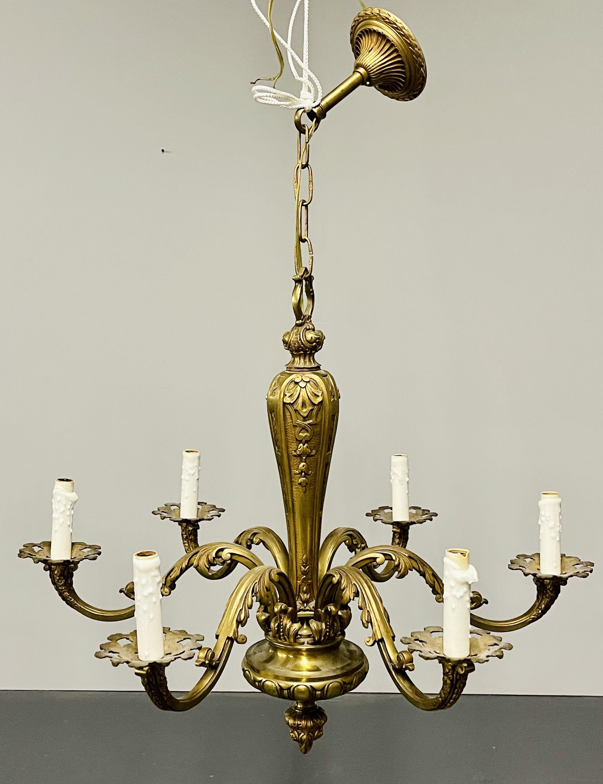 French solid bronze six light chandelier, Canopy, chain. This finely cast solid bronze chandelier was newly wired approx ten years ago and is in fine working condition. This recently acquired estate item is certain to add charm to any setting in the
