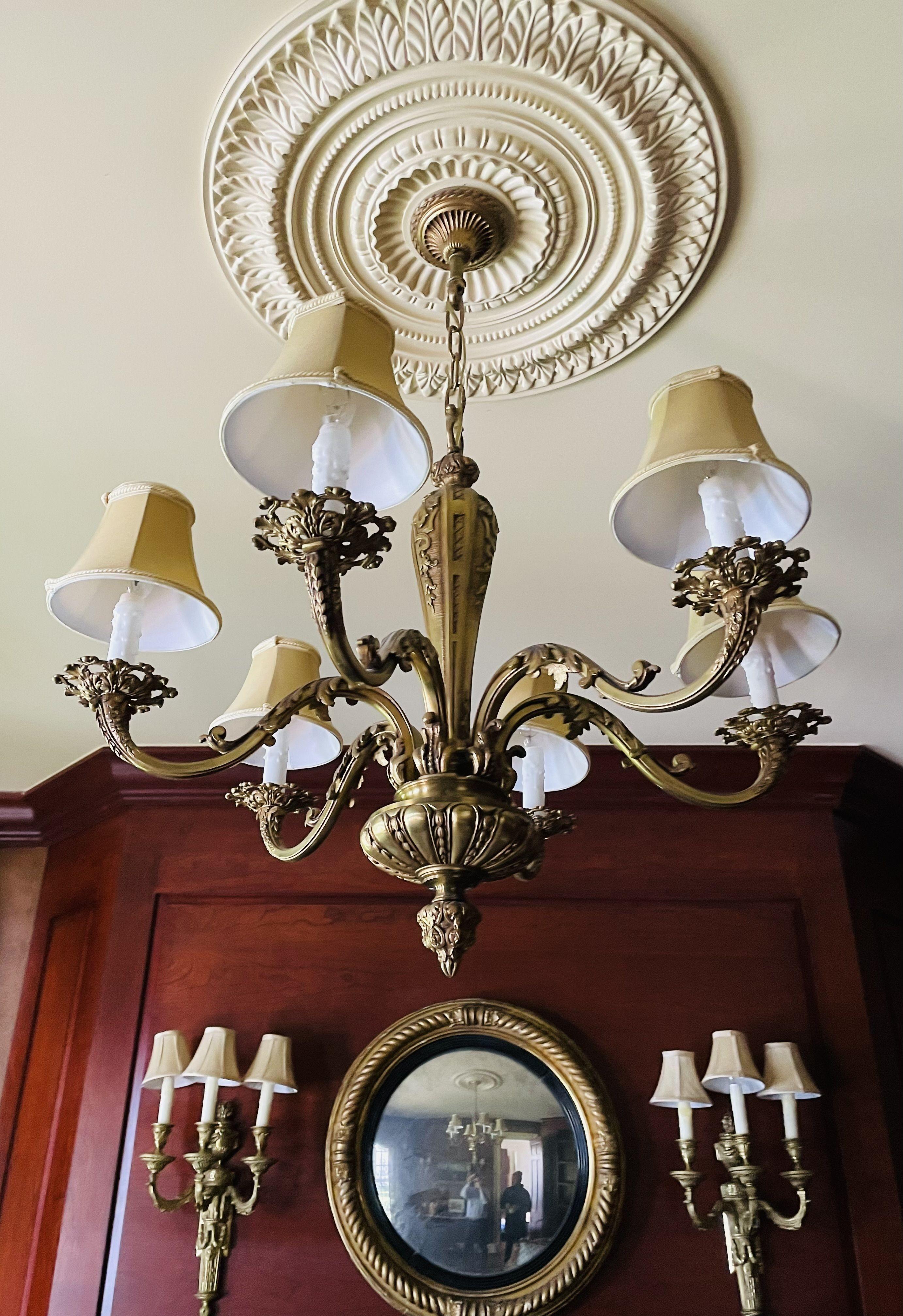 French Solid Bronze Six Light Chandelier, Canopy, Chain, Estate Item In Good Condition For Sale In Stamford, CT