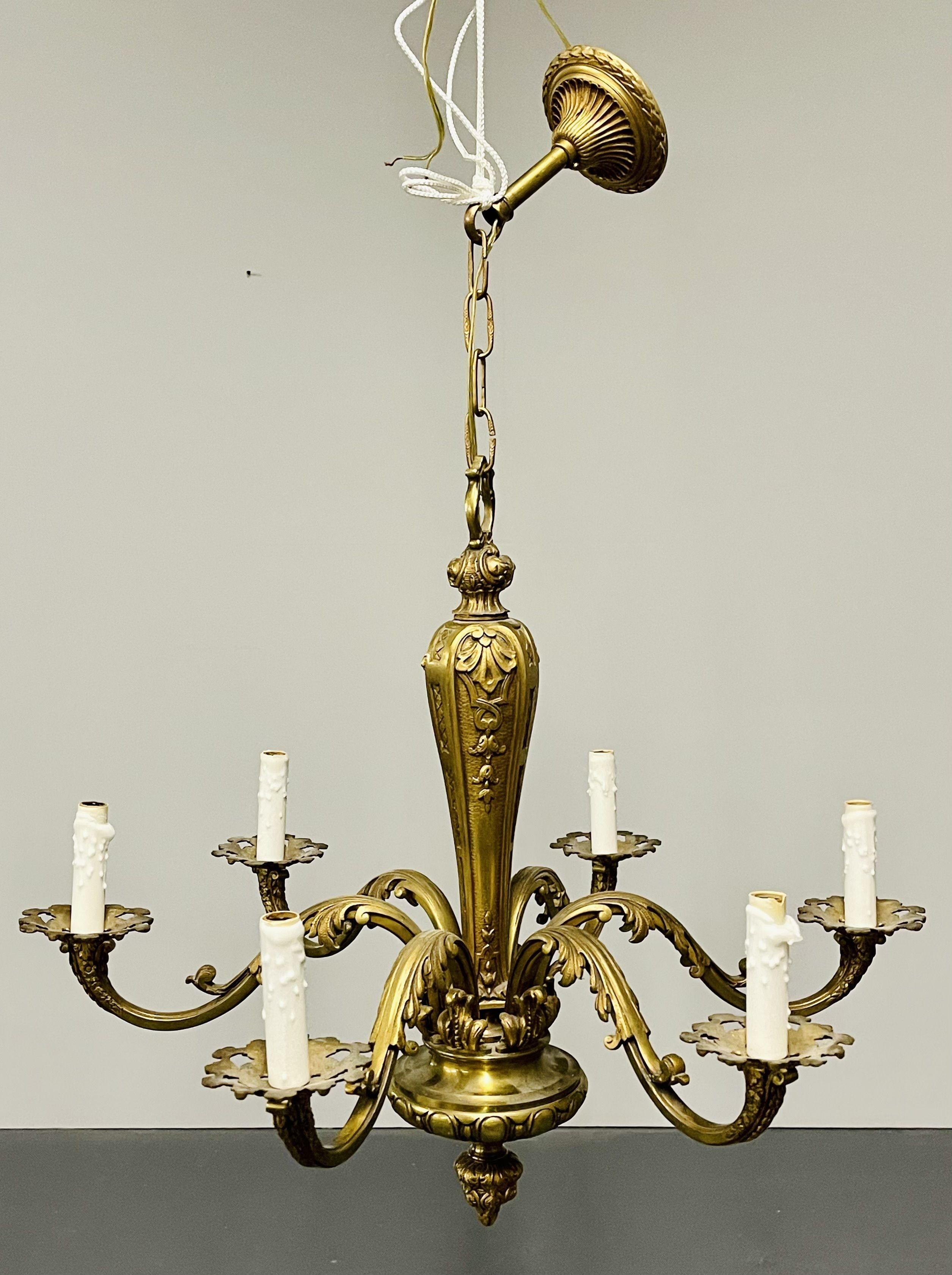 Early 20th Century French Solid Bronze Six Light Chandelier, Canopy, Chain, Estate Item For Sale