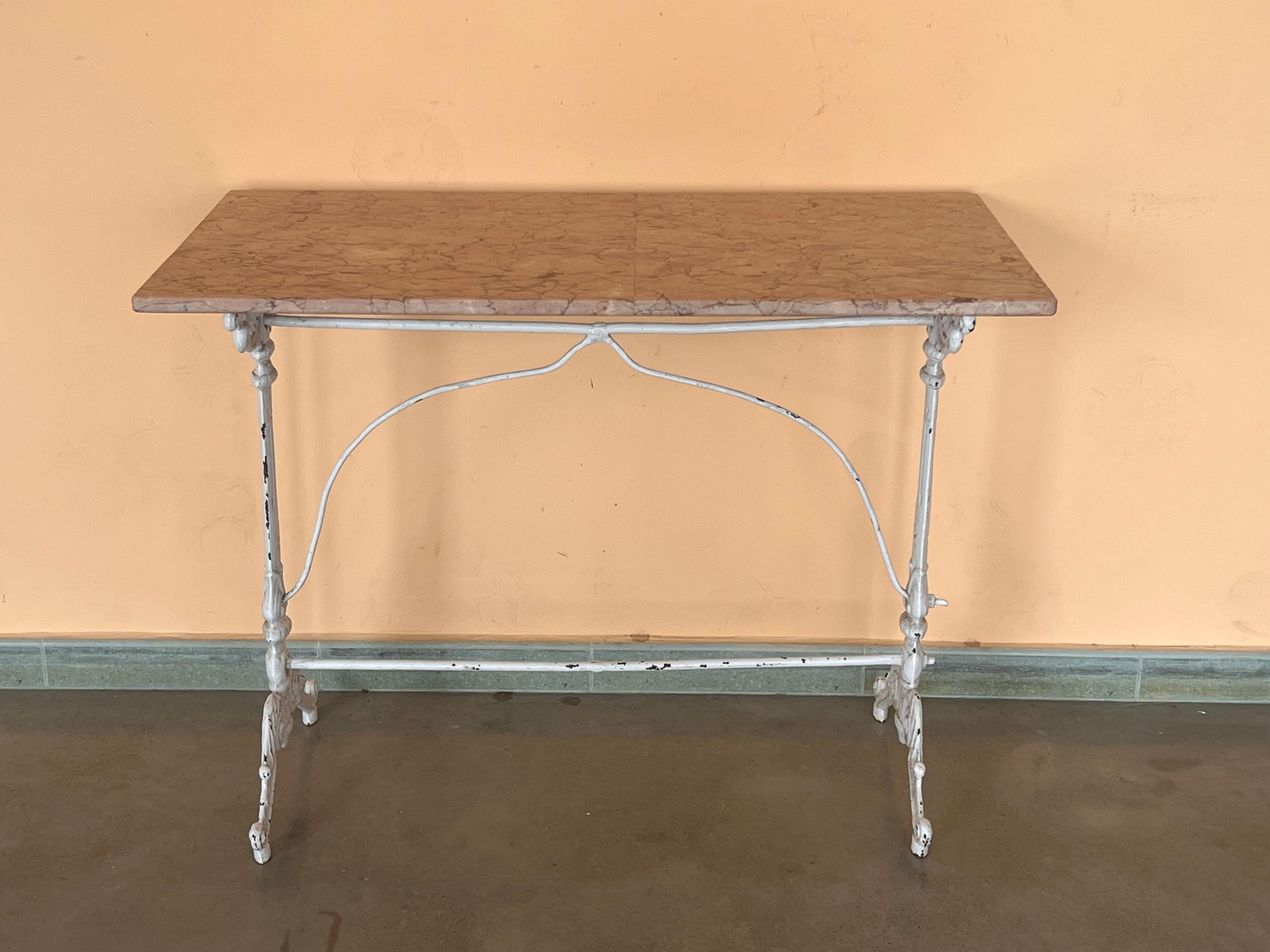 Baroque French Solid Cast Iron French Scrolling Bistro Table with Pink Marble Top For Sale