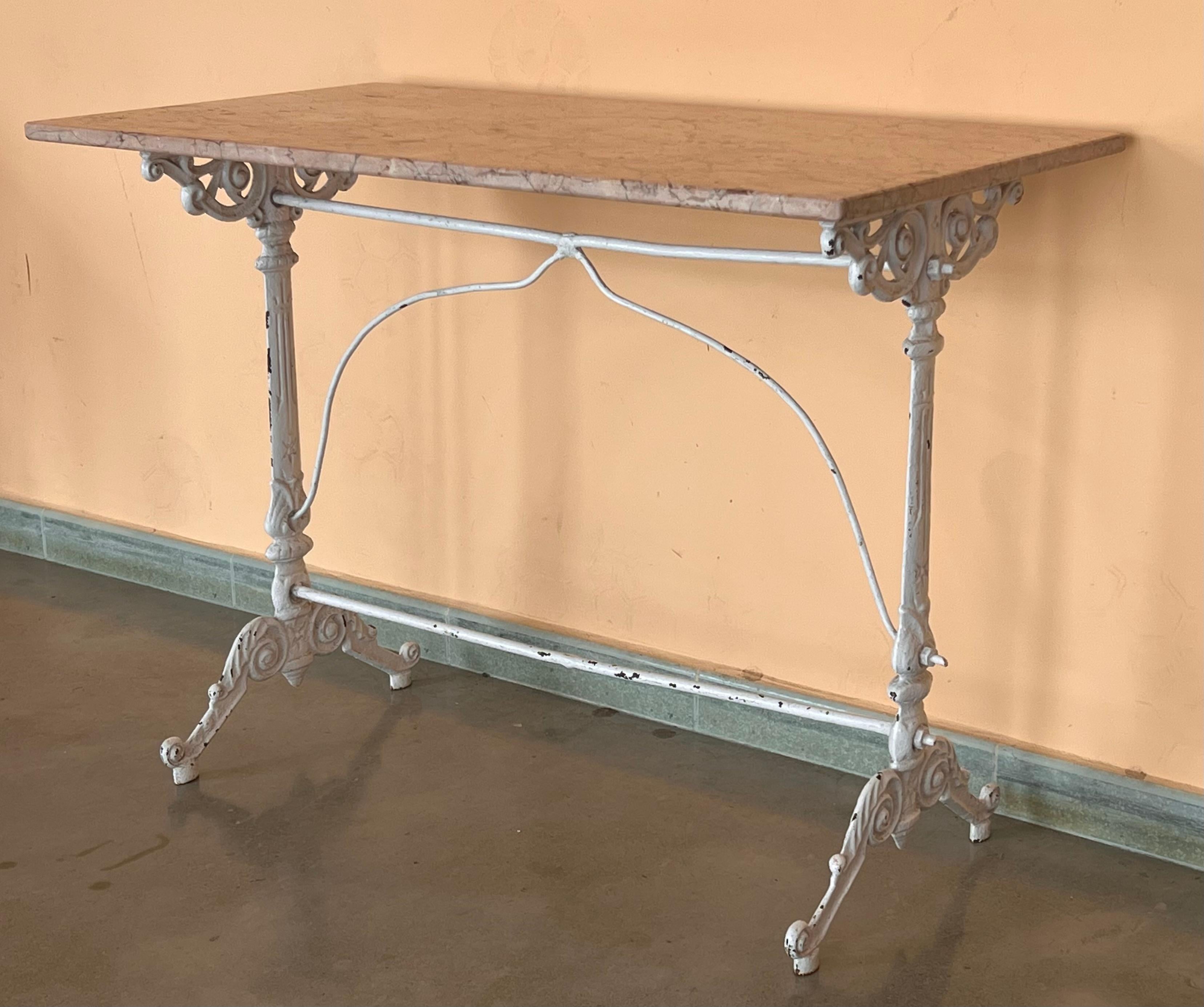 French Solid Cast Iron French Scrolling Bistro Table with Pink Marble Top In Good Condition For Sale In Miami, FL