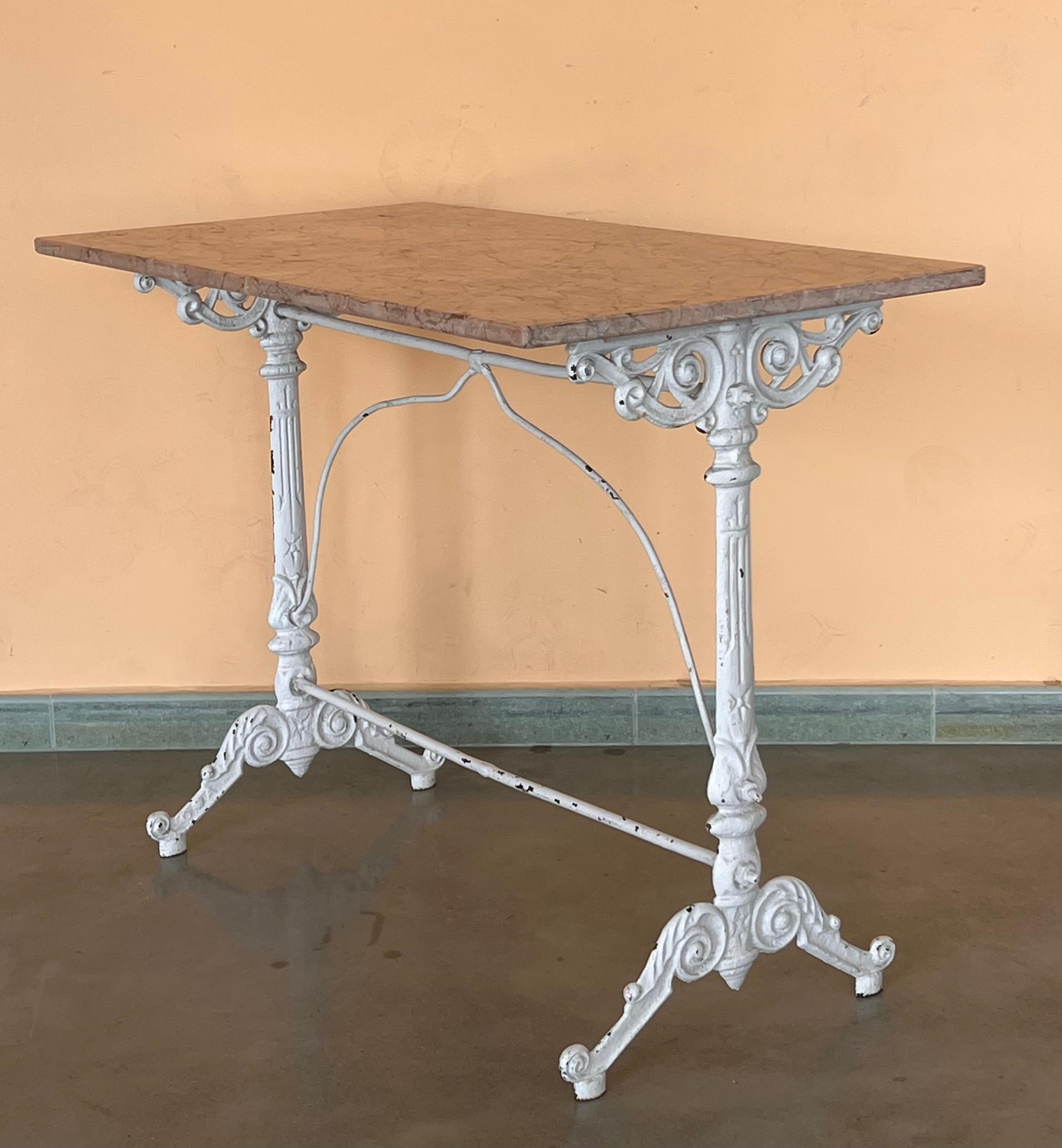 20th Century French Solid Cast Iron French Scrolling Bistro Table with Pink Marble Top For Sale
