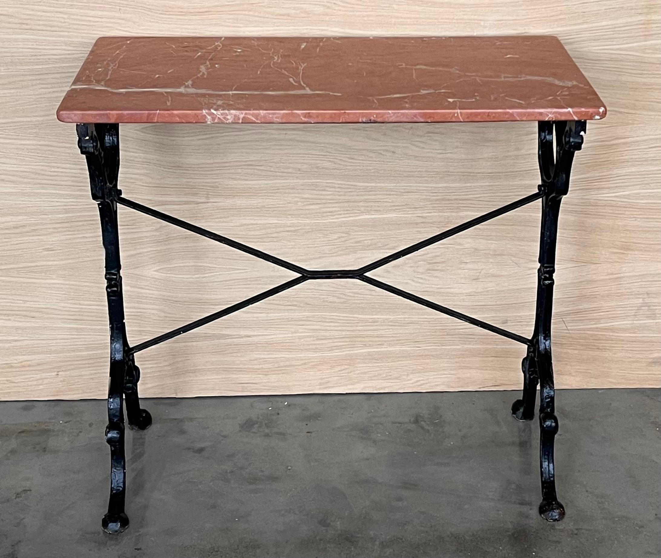 20th Century French Solid Cast Iron French Scrolling Bistro Table with Pink Marble Top For Sale