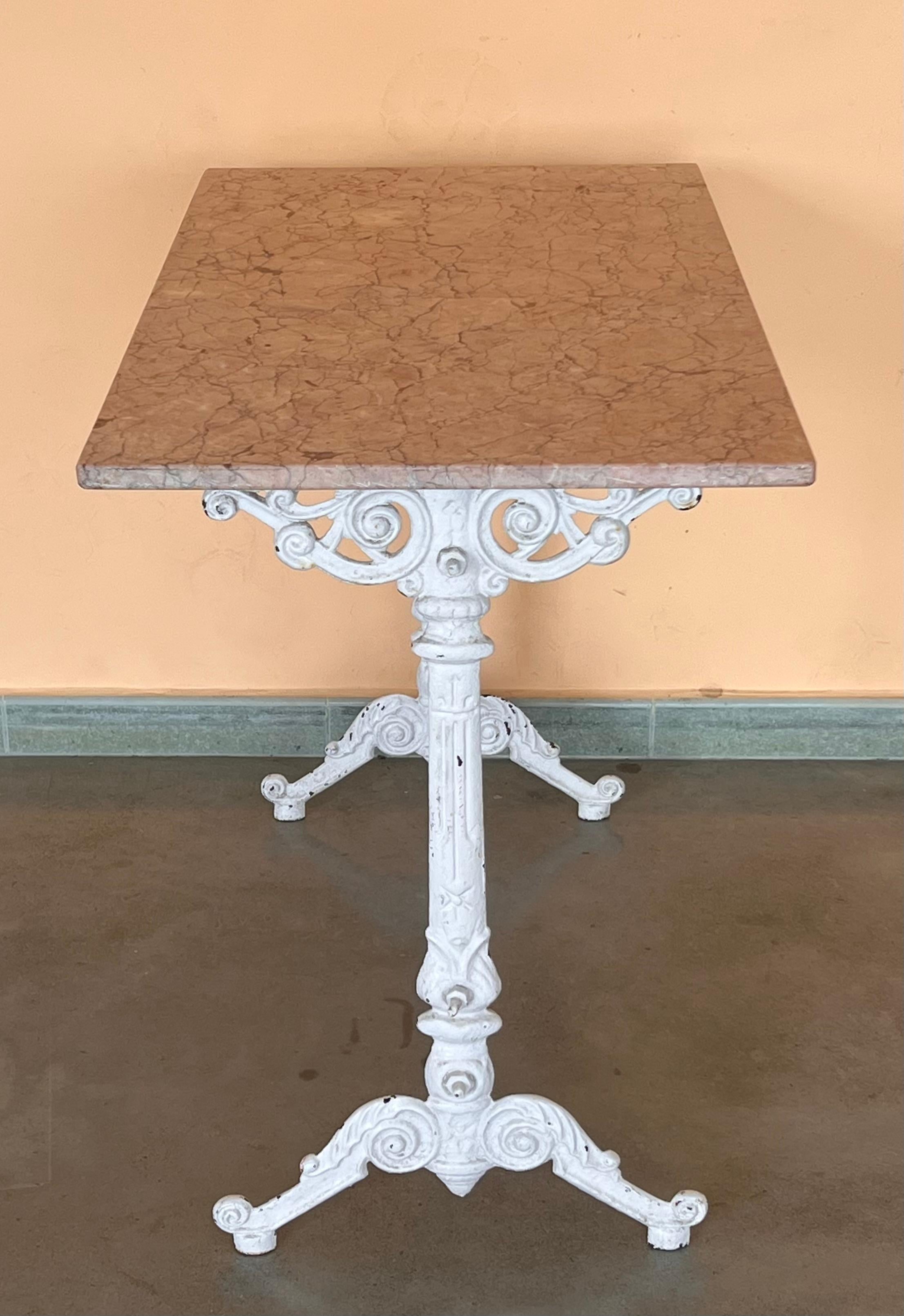 French Solid Cast Iron French Scrolling Bistro Table with Pink Marble Top For Sale 1