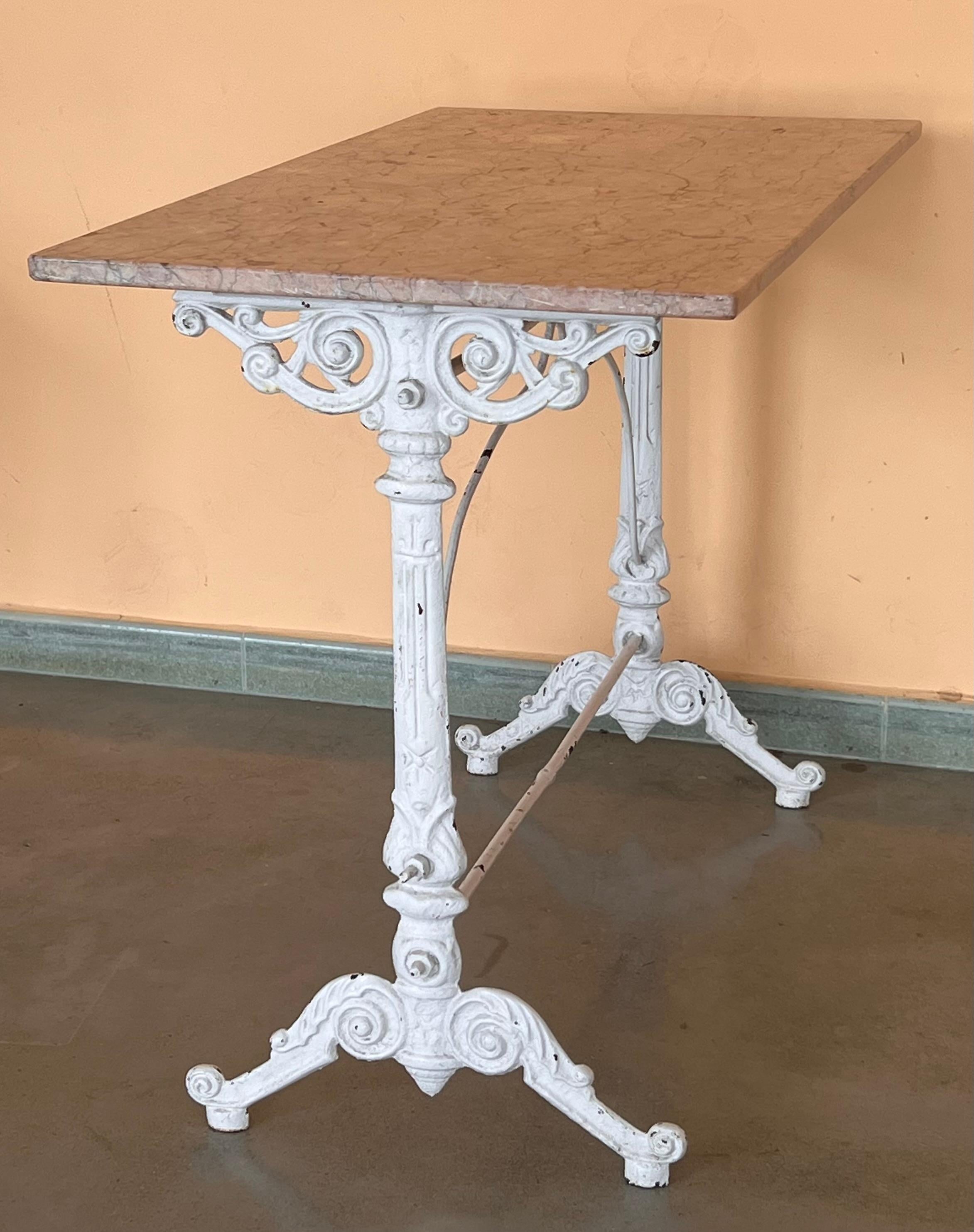 French Solid Cast Iron French Scrolling Bistro Table with Pink Marble Top For Sale 2