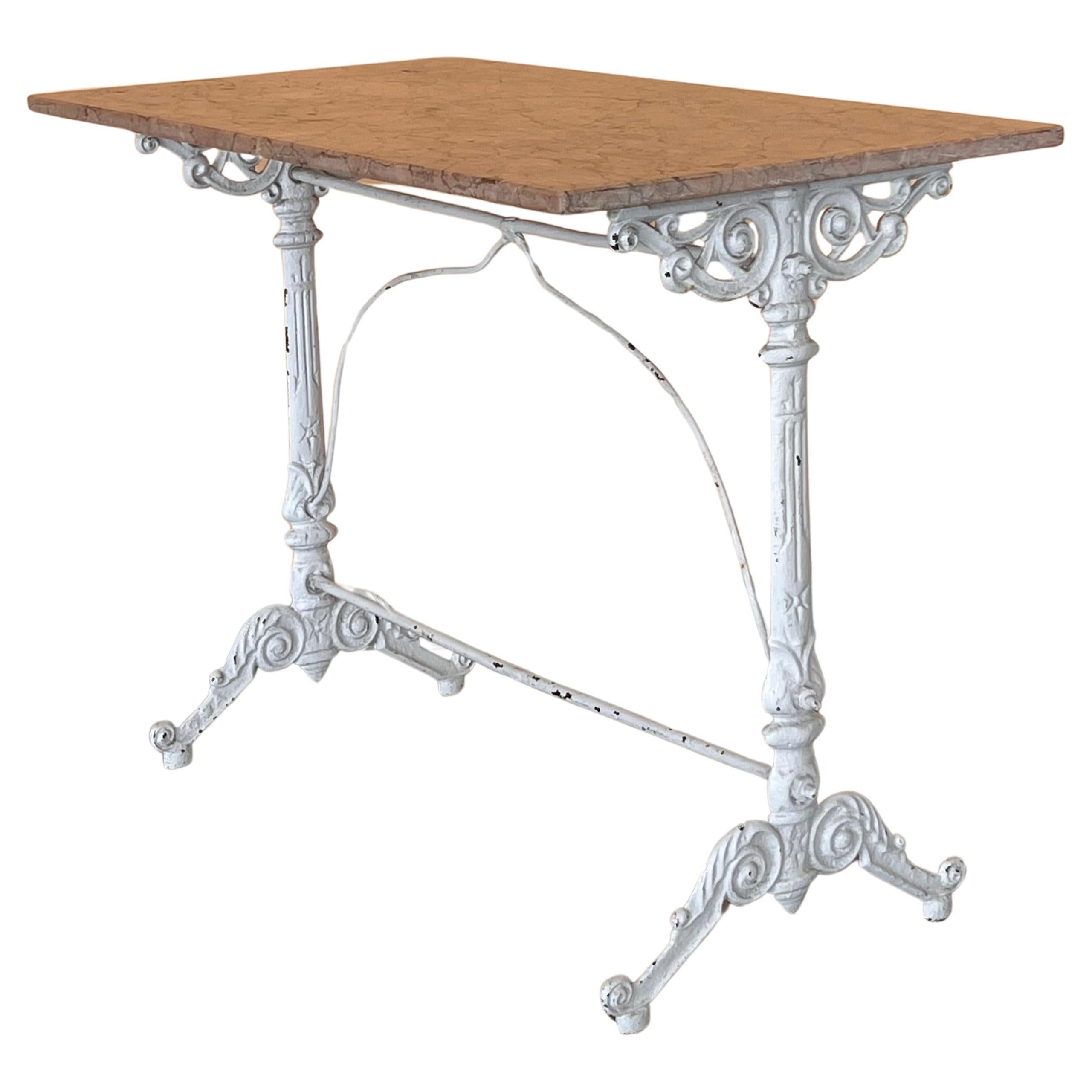 French Solid Cast Iron French Scrolling Bistro Table with Pink Marble Top For Sale