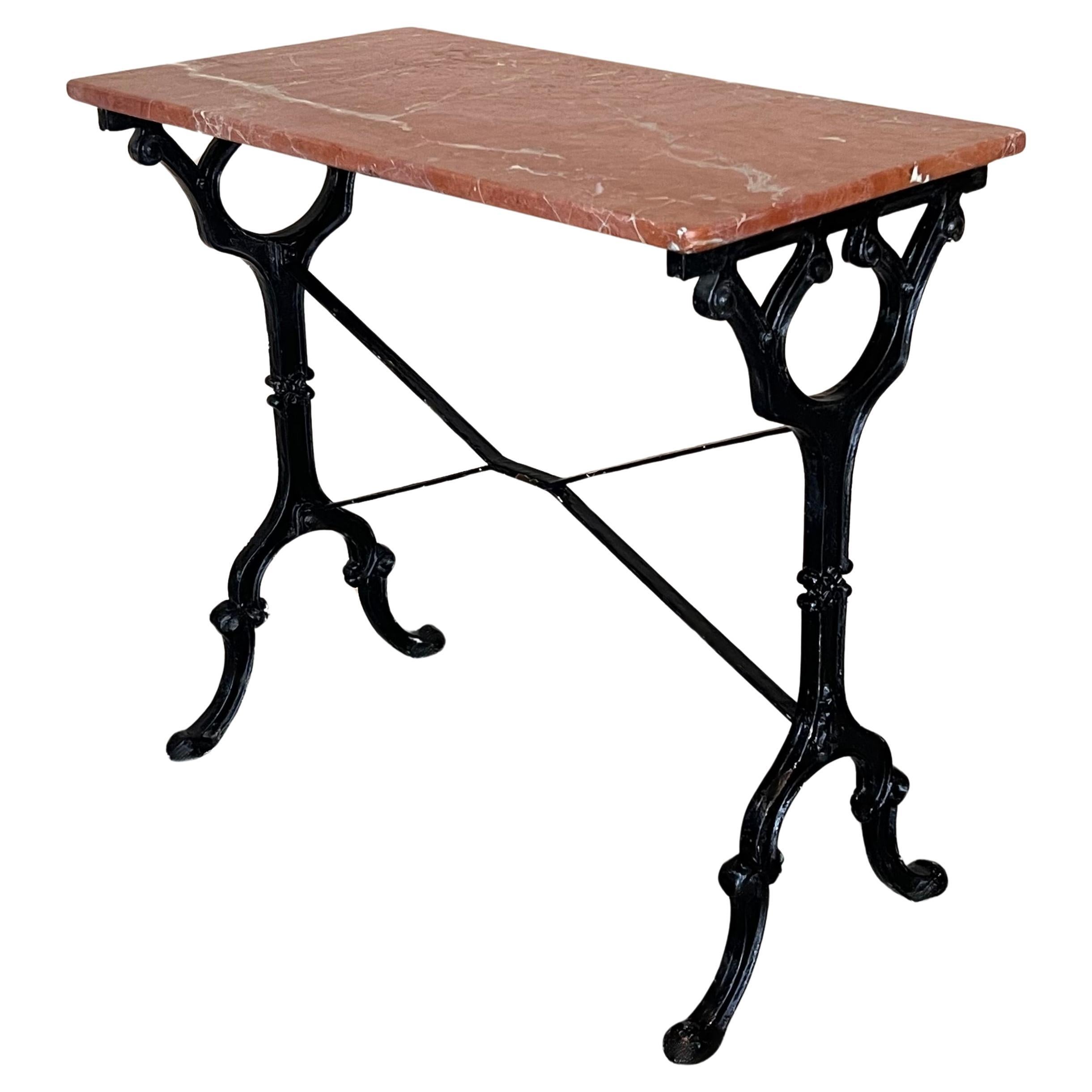 French Solid Cast Iron French Scrolling Bistro Table with Pink Marble Top For Sale