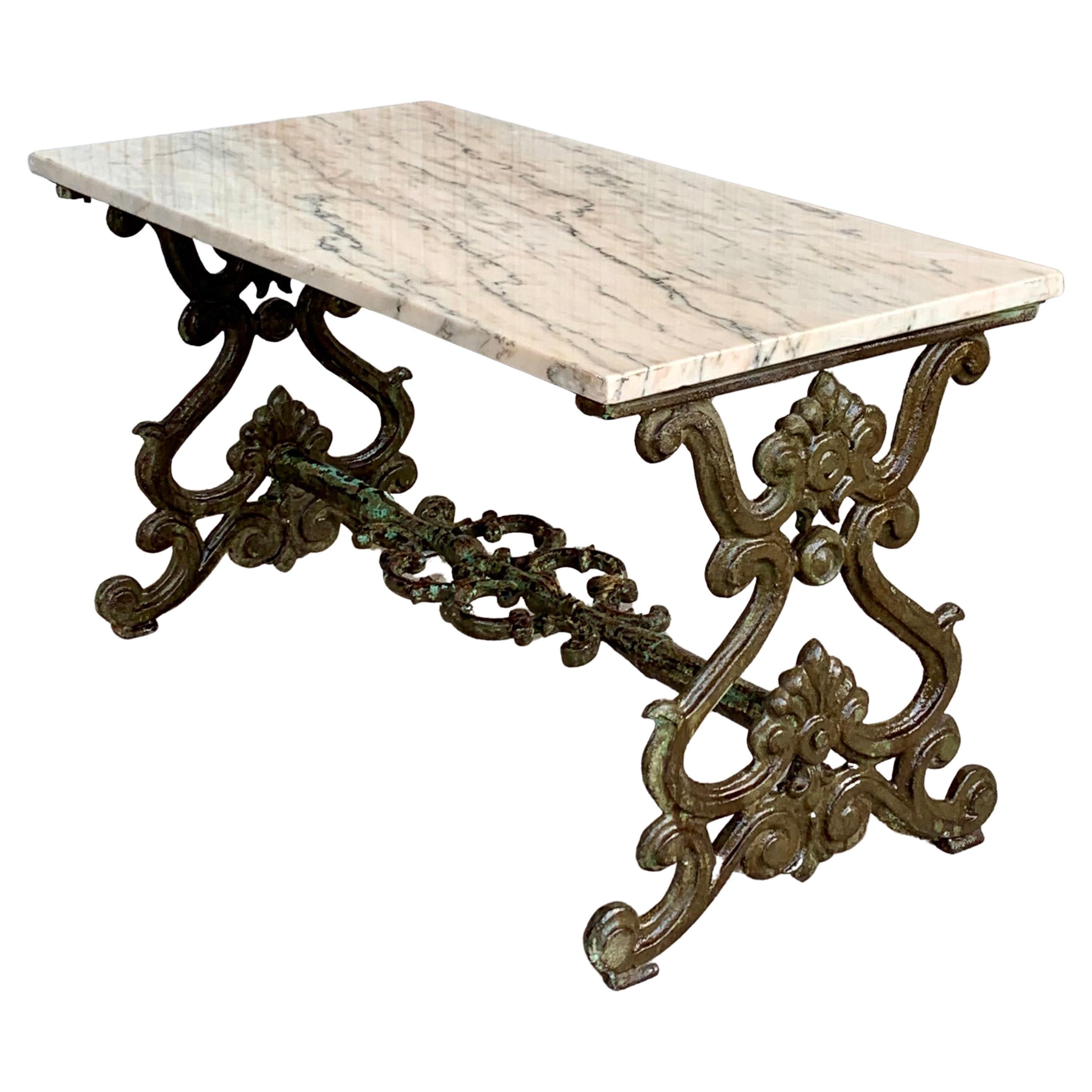 French Solid Cast Iron French Scrolling "Butterfly" Coffee Table with Marble Top