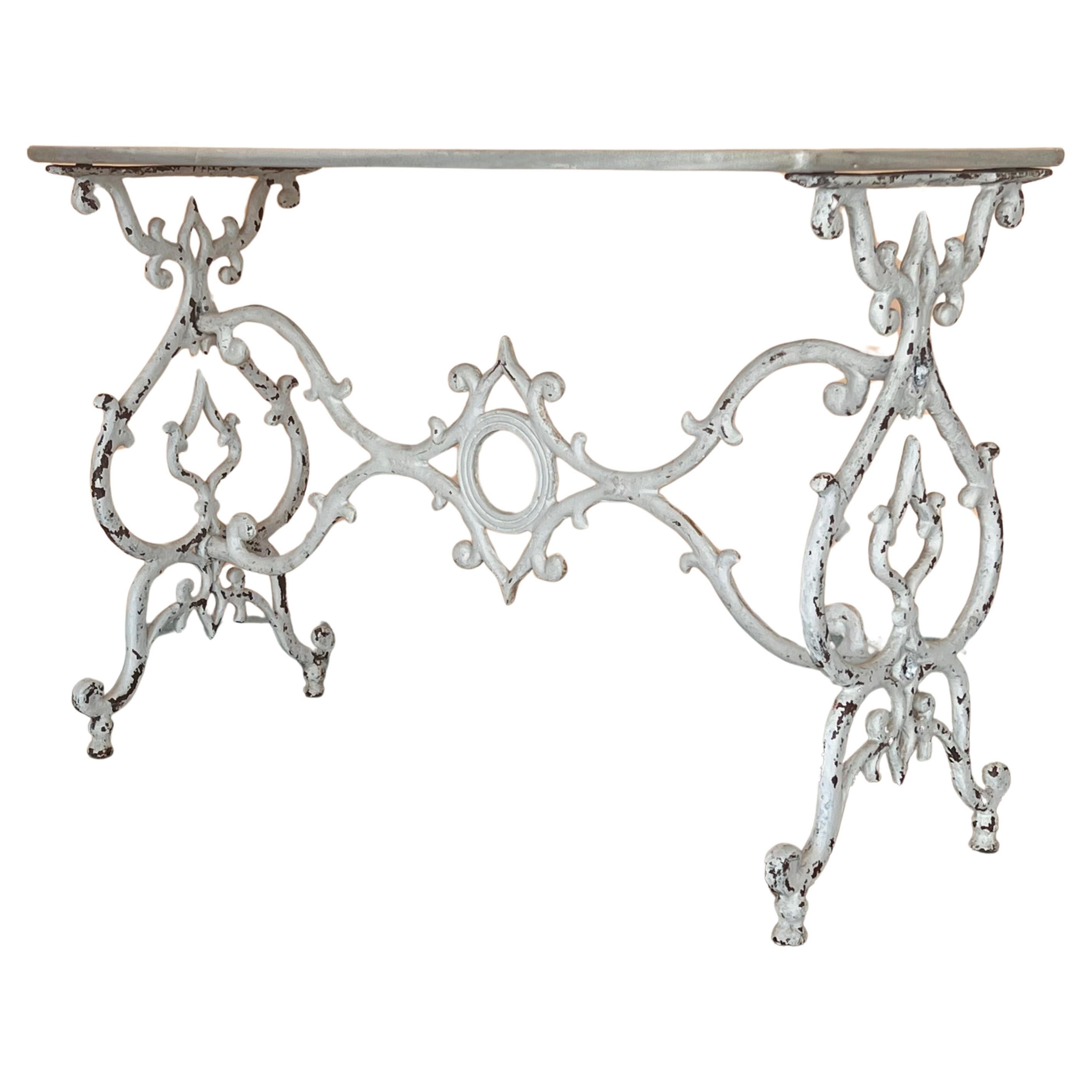 French Solid Cast Iron French Scrolling "Butterfly" Coffee Table with Marble Top For Sale