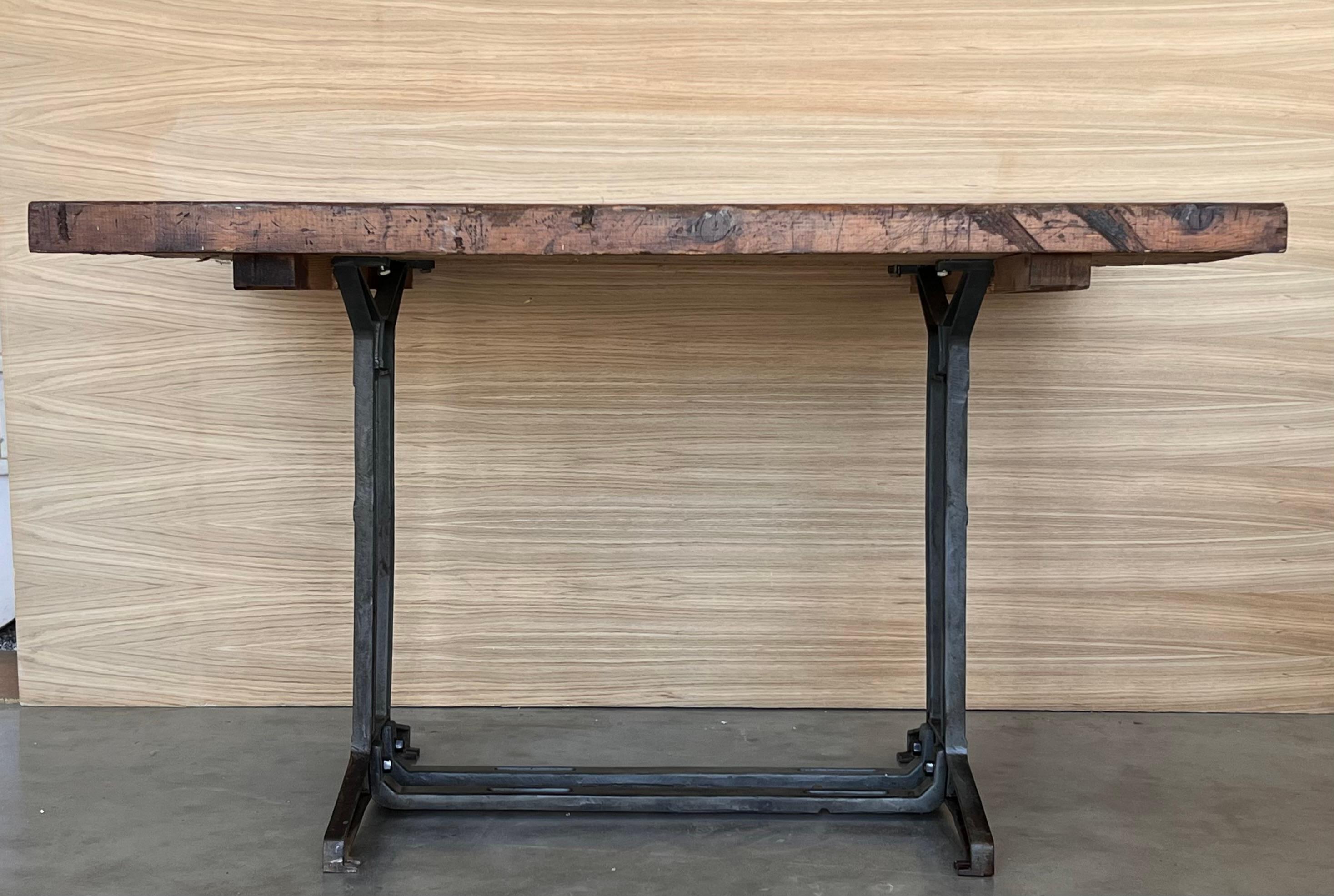 Industrial French Solid Cast Iron French Work Table with Wood Top For Sale