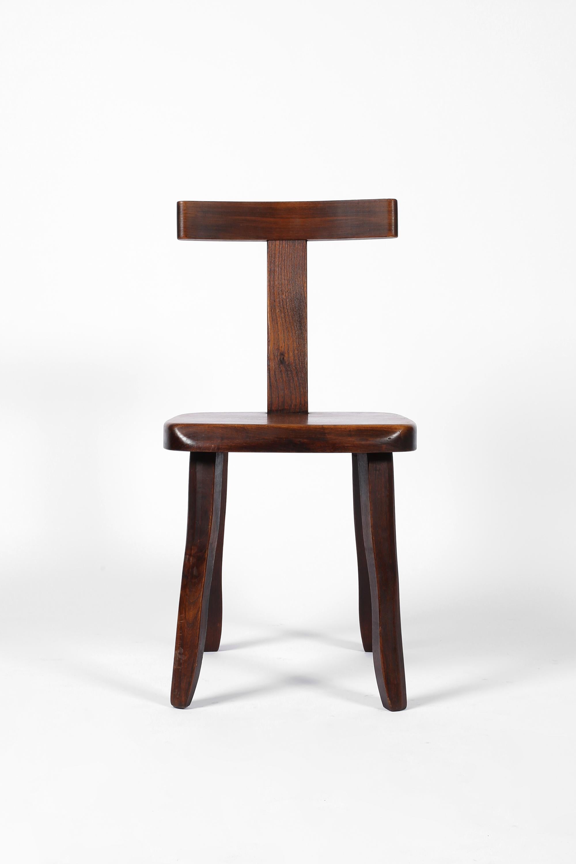 French Solid Elm Brutalist Mid Century T Back Dining Chairs For Sale 7