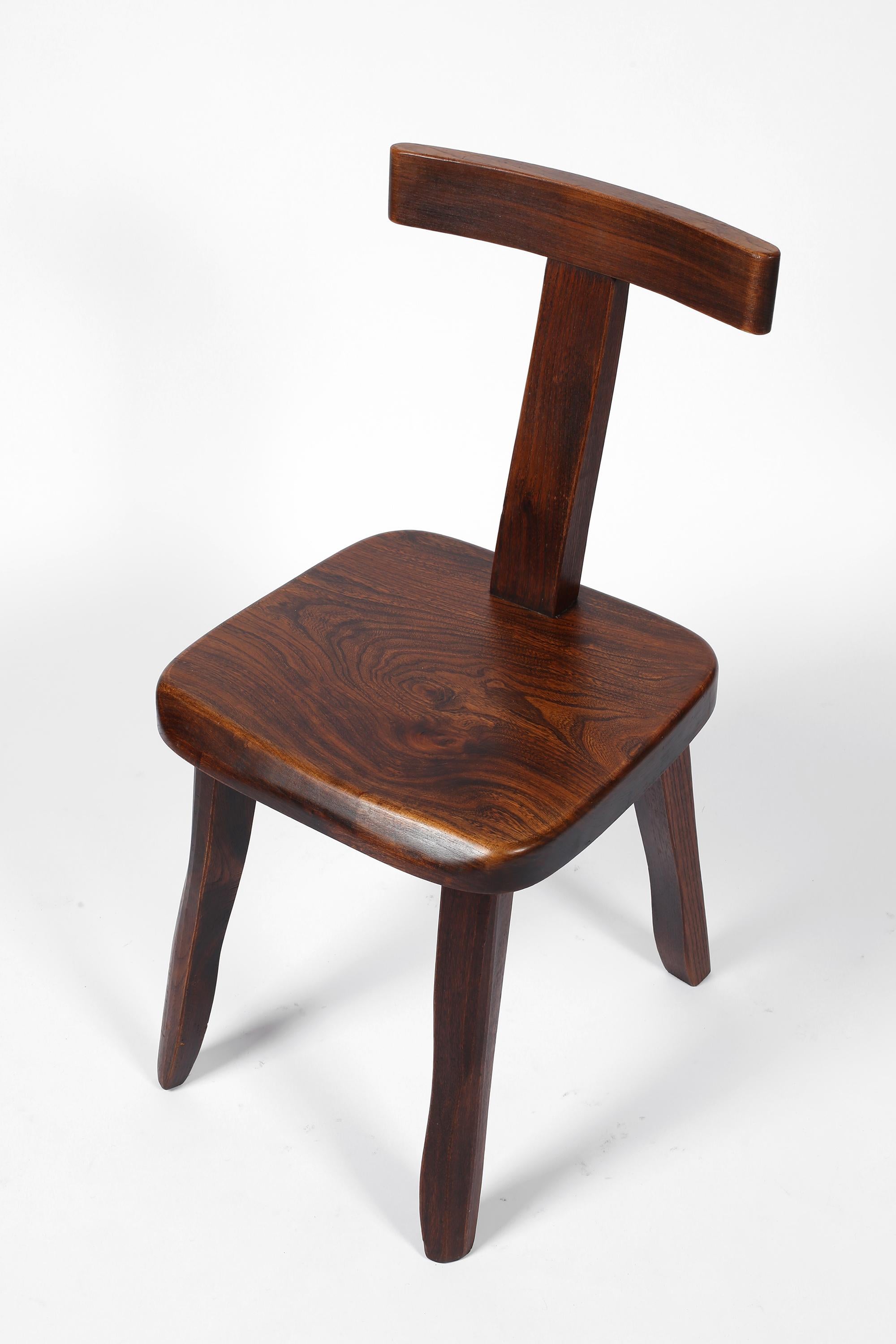 French Solid Elm Brutalist Mid Century T Back Dining Chairs For Sale 9