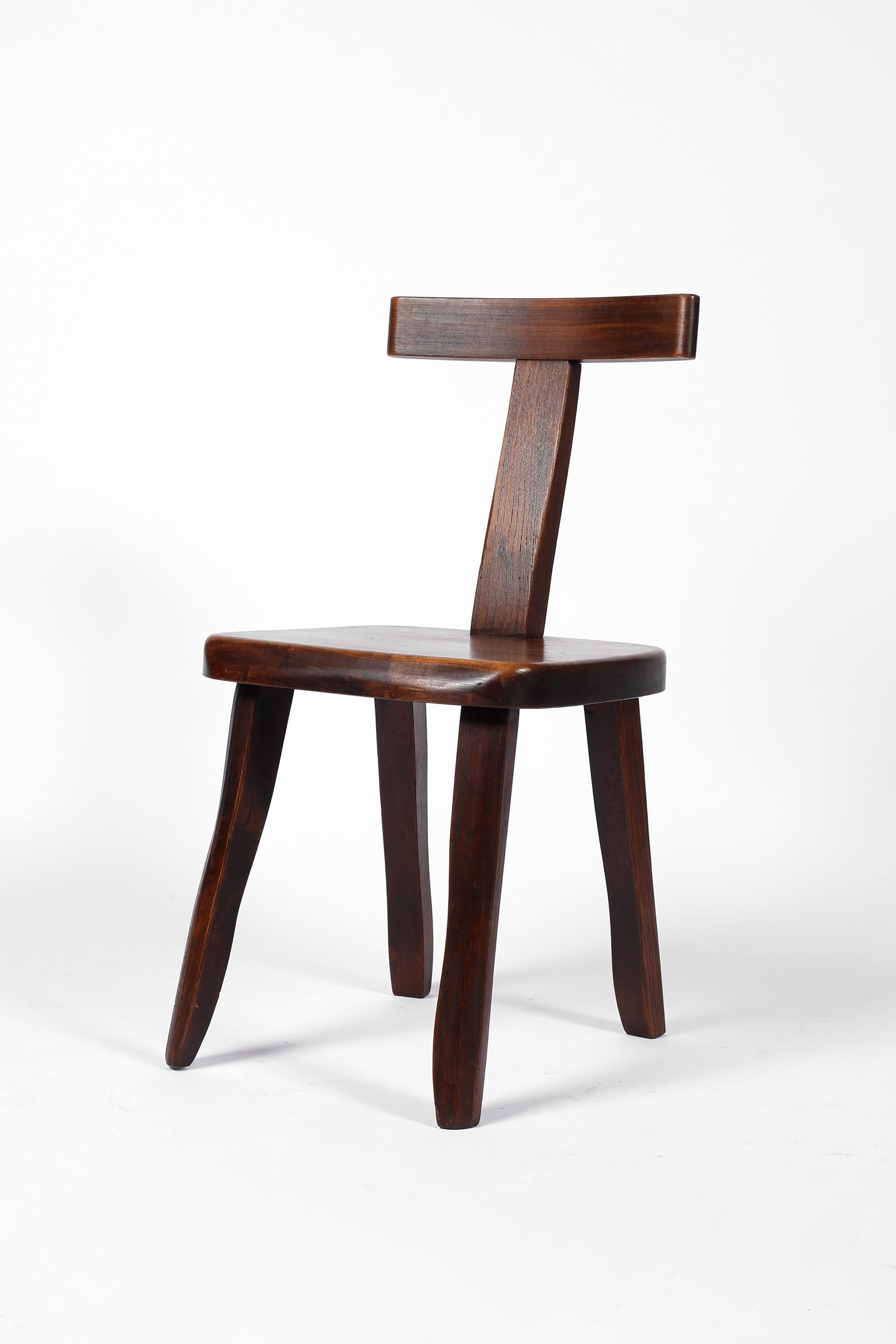 French Solid Elm Brutalist Mid Century T Back Dining Chairs For Sale 10