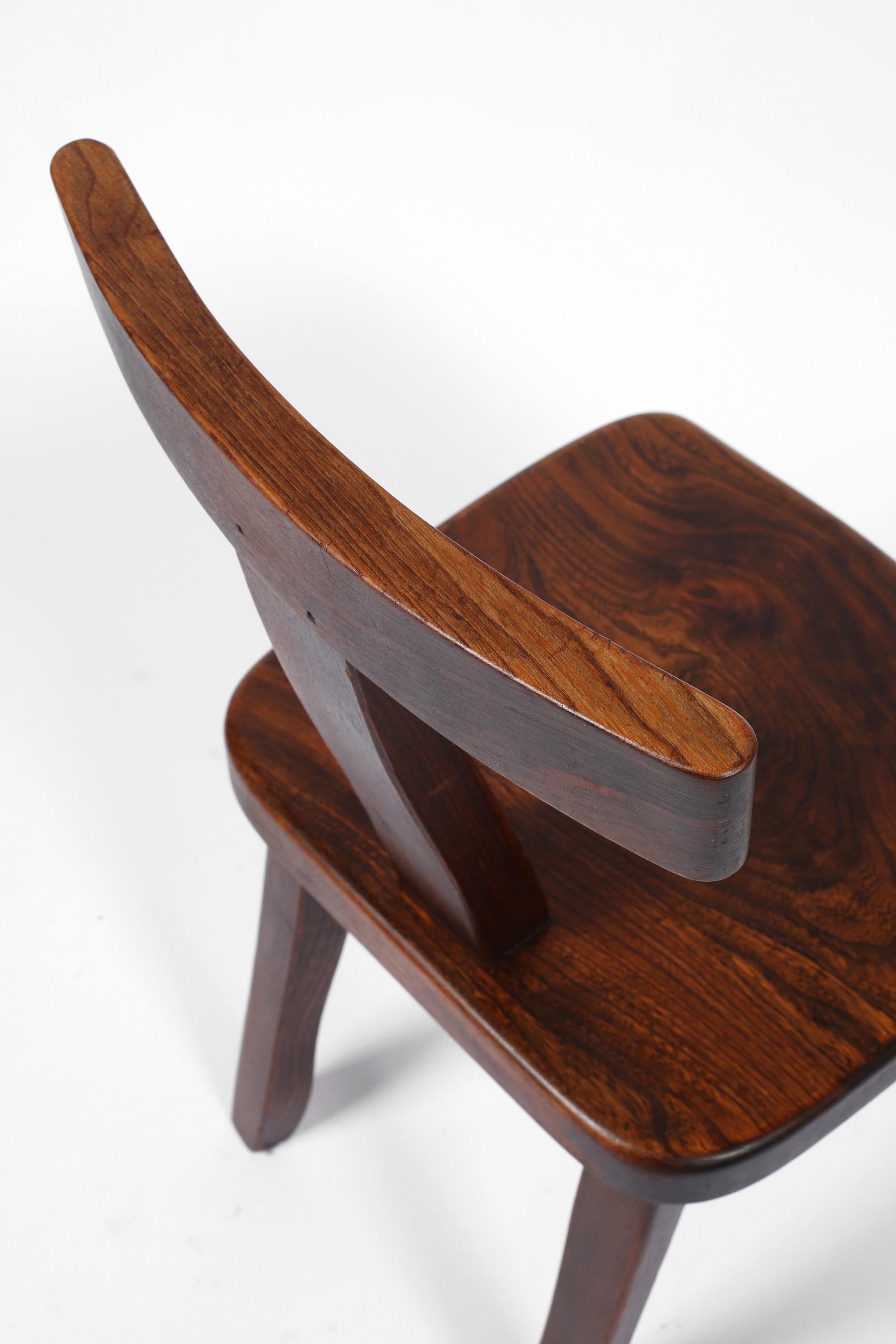 French Solid Elm Brutalist Mid Century T Back Dining Chairs For Sale 13
