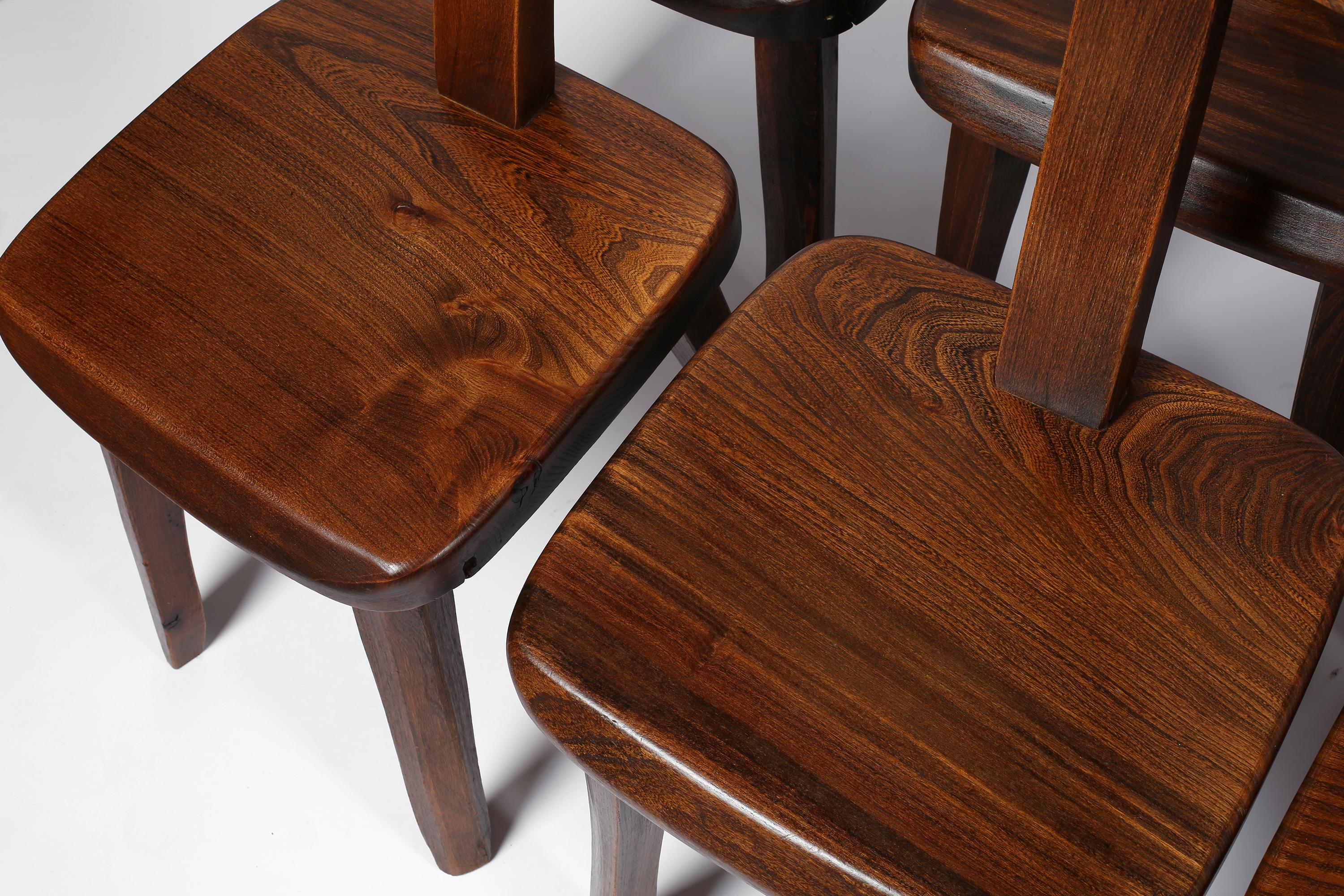 20th Century French Solid Elm Brutalist Mid Century T Back Dining Chairs For Sale