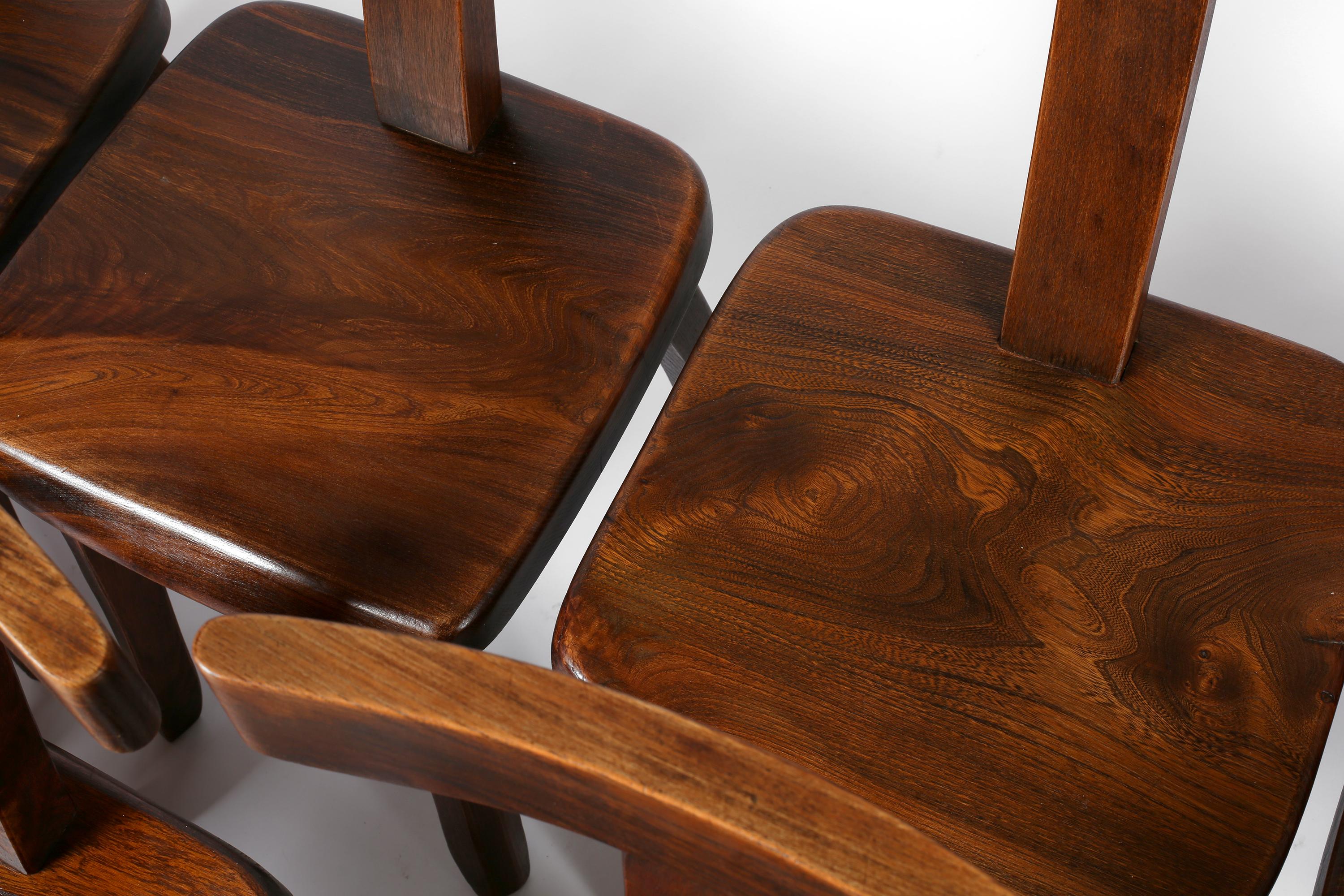 French Solid Elm Brutalist Mid Century T Back Dining Chairs For Sale 1