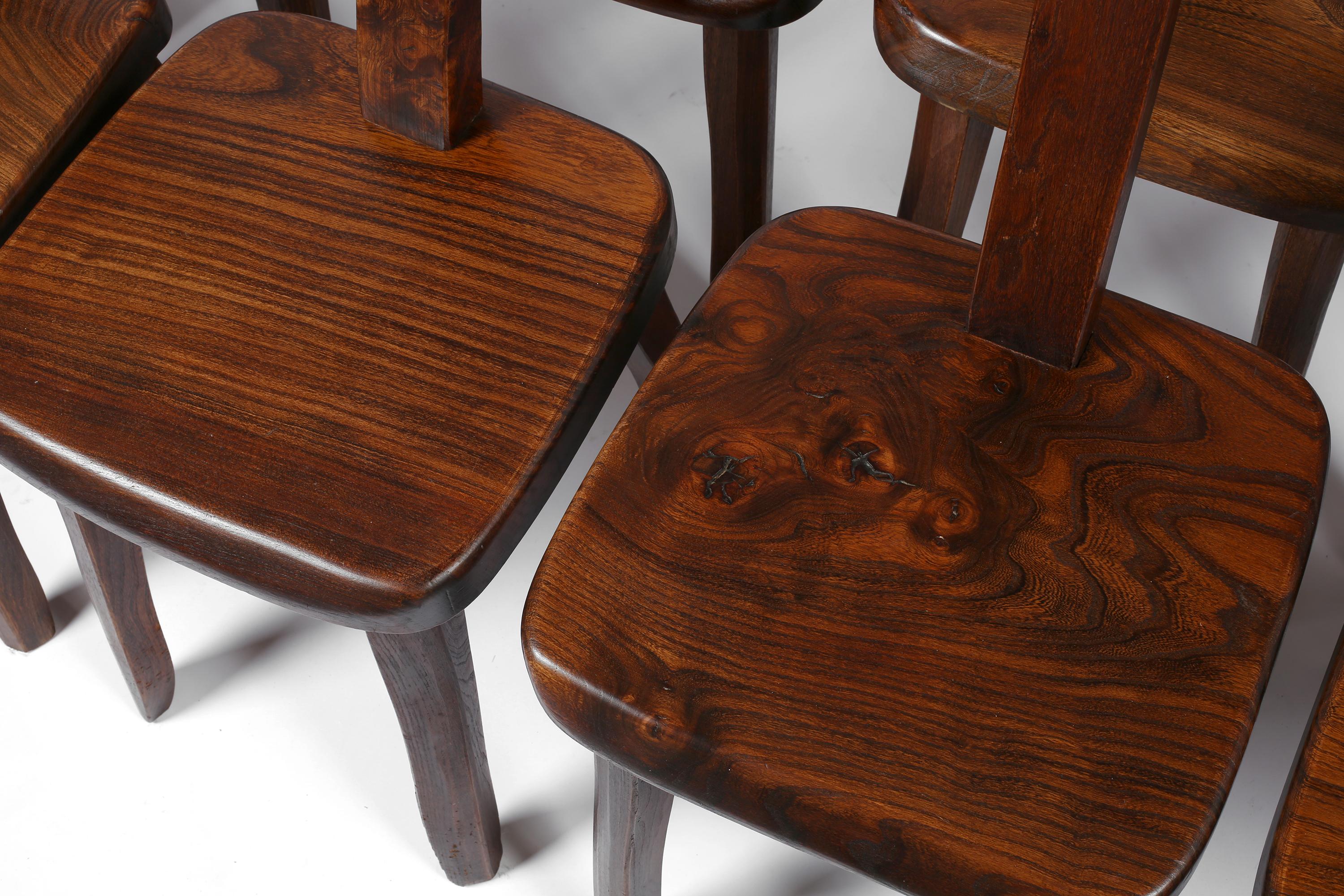 French Solid Elm Brutalist Mid Century T Back Dining Chairs For Sale 2