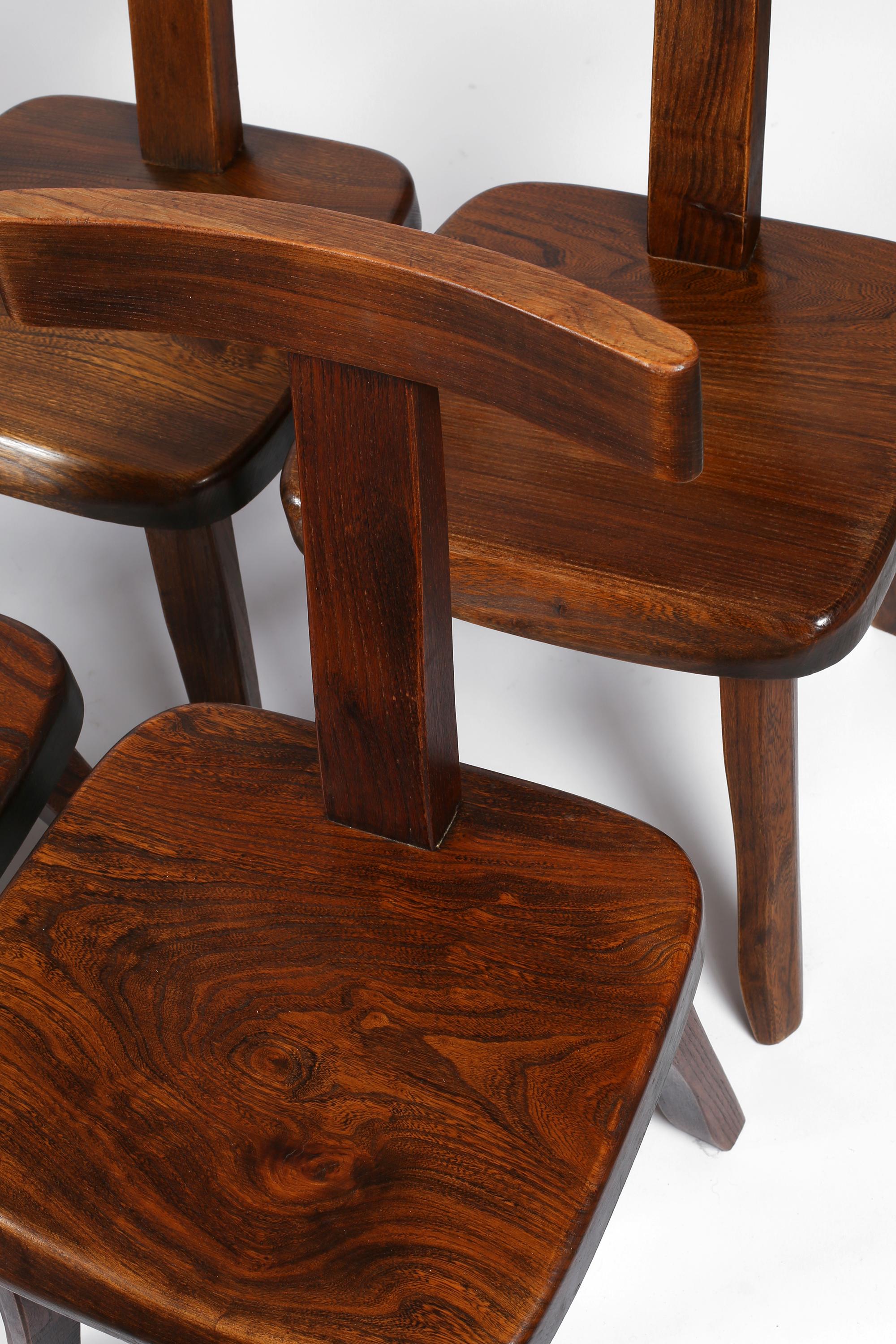 French Solid Elm Brutalist Mid Century T Back Dining Chairs For Sale 3