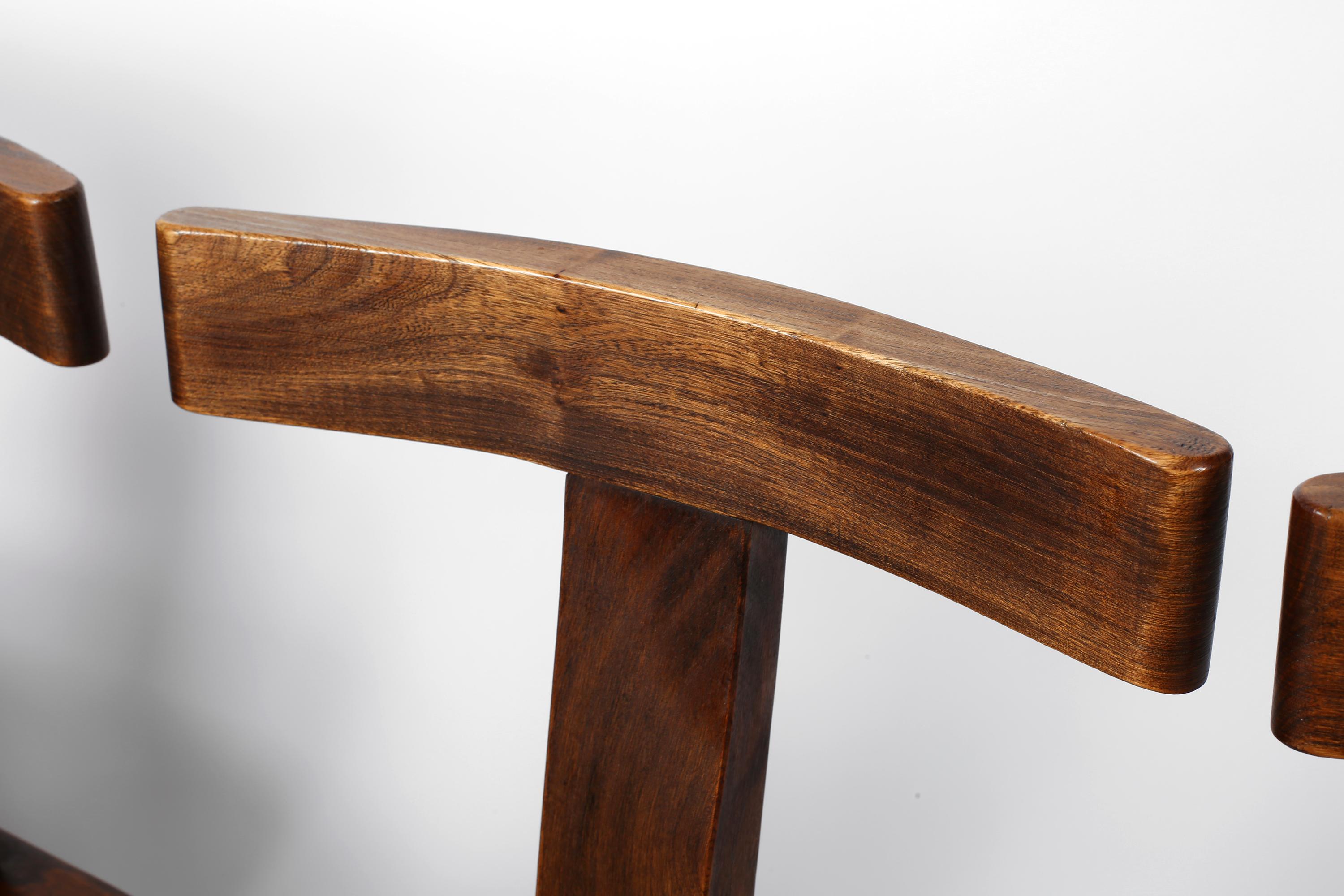 French Solid Elm Brutalist Mid Century T Back Dining Chairs For Sale 4